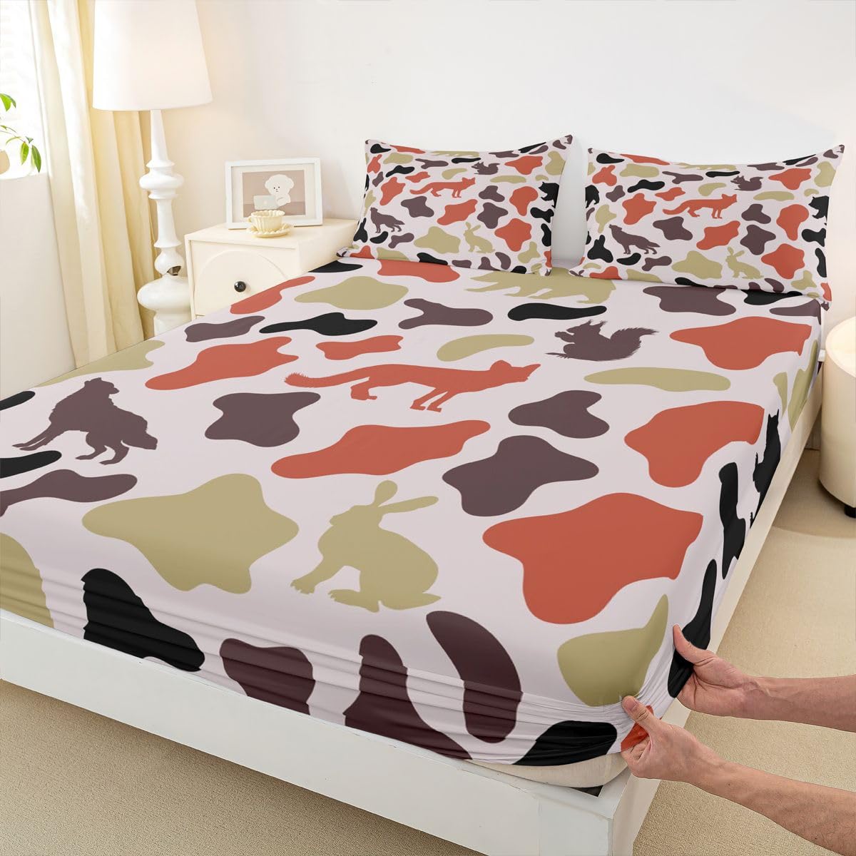 Manfei Camo Animals Fitted Sheet Twin Size,Bear Wolf Rabbit Wildlife Design Bedding Set 2pcs,Army Camouflage Bed Sheets with 1 Pillowcase,Kids Boys Girls Room Decor,Soft Deep Pocket Bedding(No Flat)