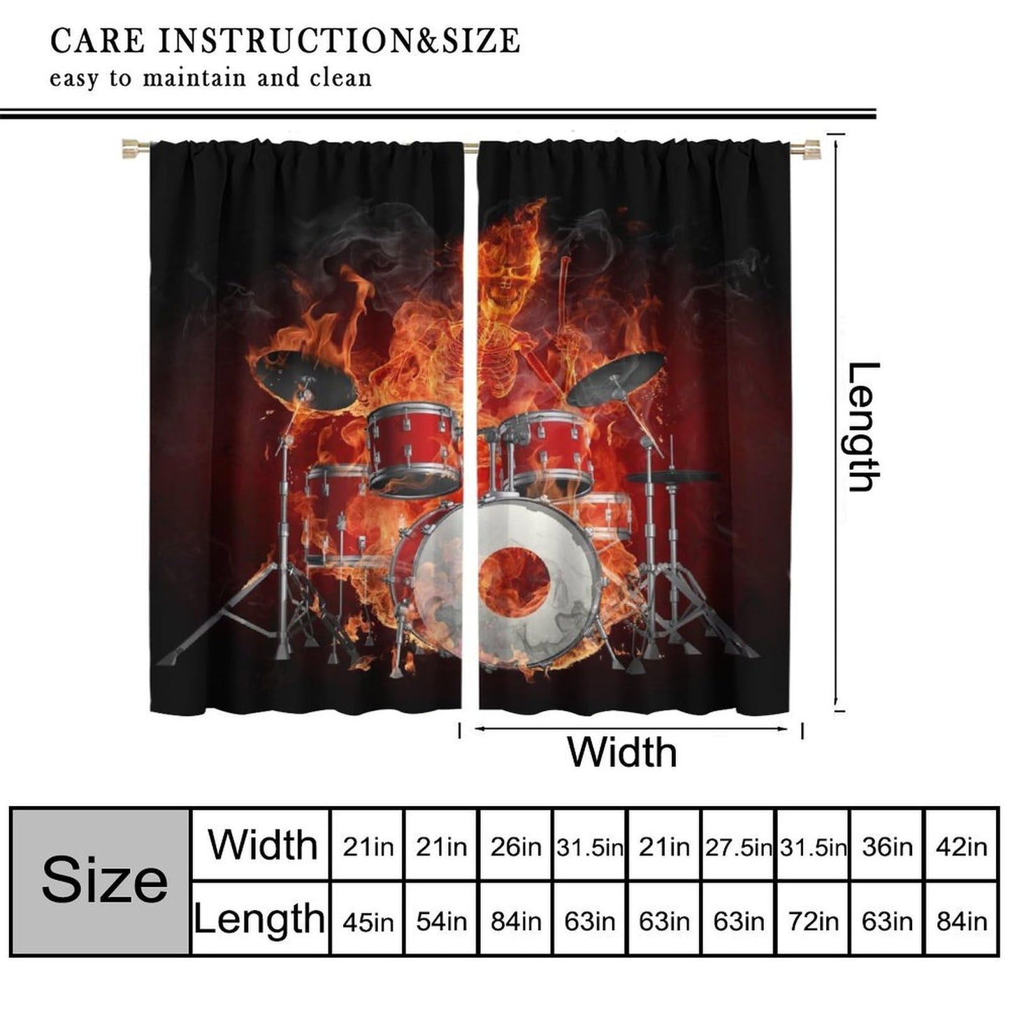 Music Curtain, Skeleton Flame Drums Hell of A Drummer Rock Music Theme Window Treatments Drapes for Boys Girls Teens Bedroom Living Room 42" W X 45" L(No Blackout)