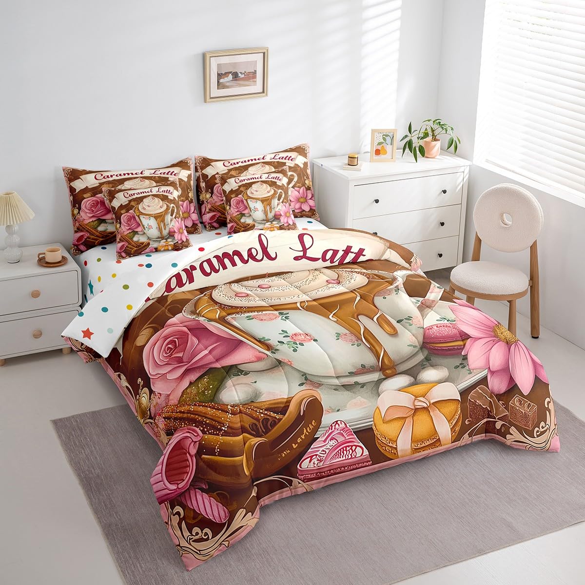 Erosebridal Caramel Lattle Bedding Set for Kids Teens,Afternoon Tea Comforter Set Full Size,Oil Painting Rose Daisy (Comforter+Fitted+Flat Sheet+2 Pillowcases+2 Throw Pillow Covers) 7 Pieces Bed Set