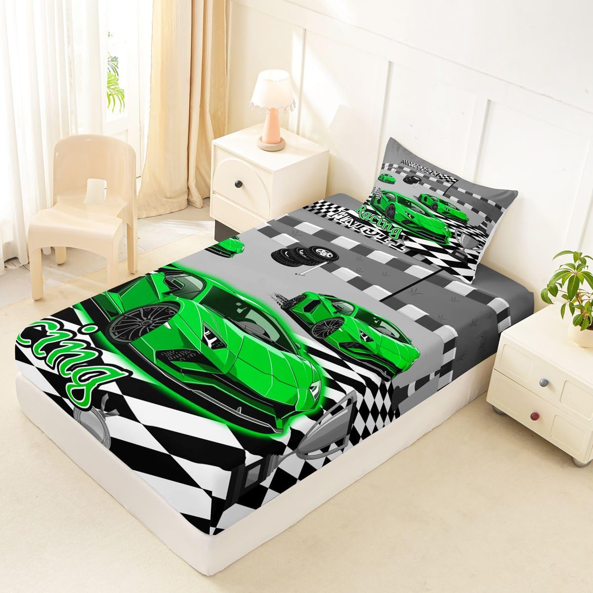 Feelyou Boys Race Car Fitted Sheet with 1 Pillowcase Twin Size Speed Sports Car Bed Sheets Set 16" Deep Pocket Boys Girls Racing Extreme Sports Bedding Teens Bedroom Decor Breathable Soft Lightweight