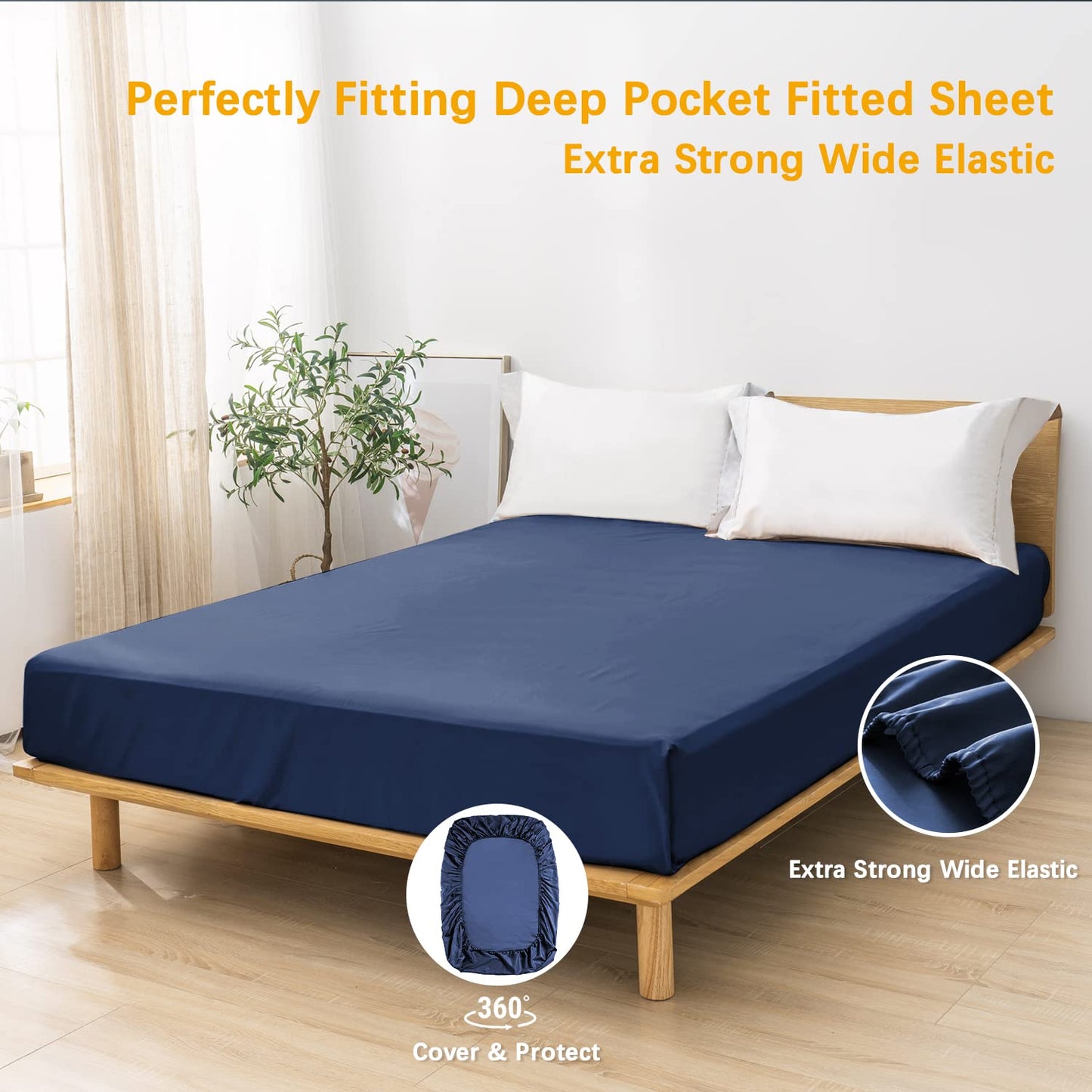 MILDLY Deep Pocket Fitted Sheet Only Queen Size 60"x80" 100% Long Staple Cotton Navy Blue Breathable Bottom Sheet Fits Up to 14" Deep Mattress