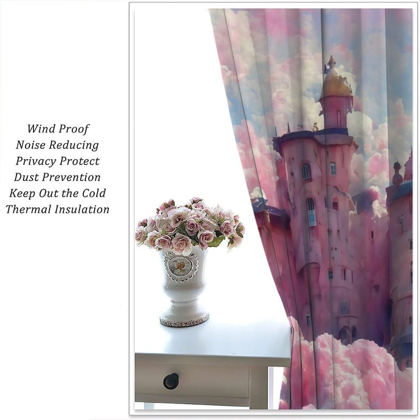 Pink Castle Curtains For Girls Colorful Cartoon Dream Magic Fairy Tale Word Castle Pattern Rod pocket Window Treatments for kids room Nursery Living Room 2 Panels Set 41x 45 in （No Blackout）
