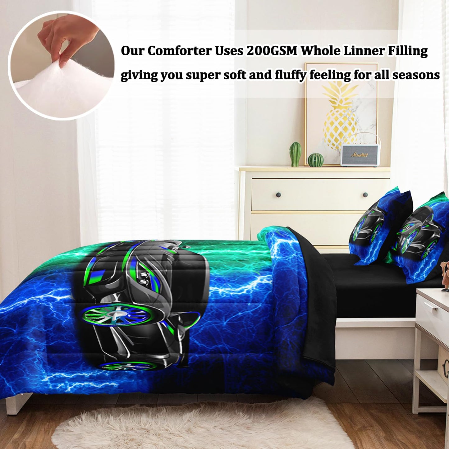 BERTSUCA 5 Pcs Car Comforter Sets for Boys, Cool Blue Green Lightnings Bed in A Bag Full Size Car Bedding Set for Boys Kids