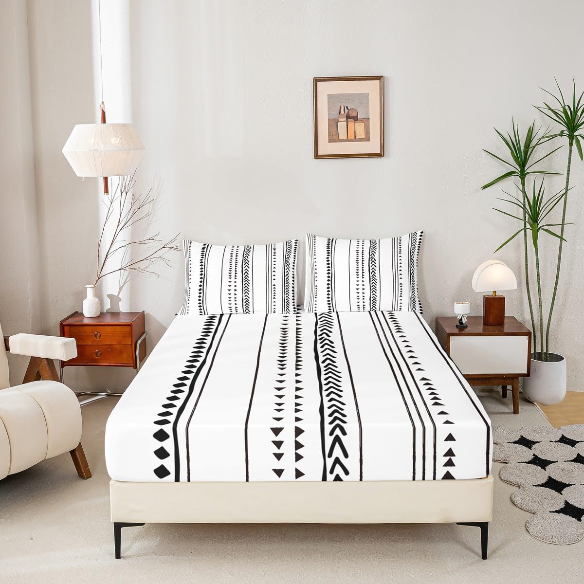 Erosebridal Boho Aztec Fitted Sheet King Size,Bohemian Geometric Stripe Bedding Sets for Kids Teens Adults,Black Simple Bed Sheet Set Soft Microfiber Sheet Set 3 Piece for Bedroom White