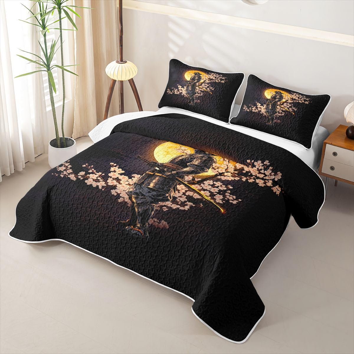 Erosebridal Japanese Samurai Quilts Twin Size - Sunset Cherry Blossoms Bedspread Coverlet Set, Japan Warrior Quilt Coverlets 2Pcs (Only 1 Pillowcase)