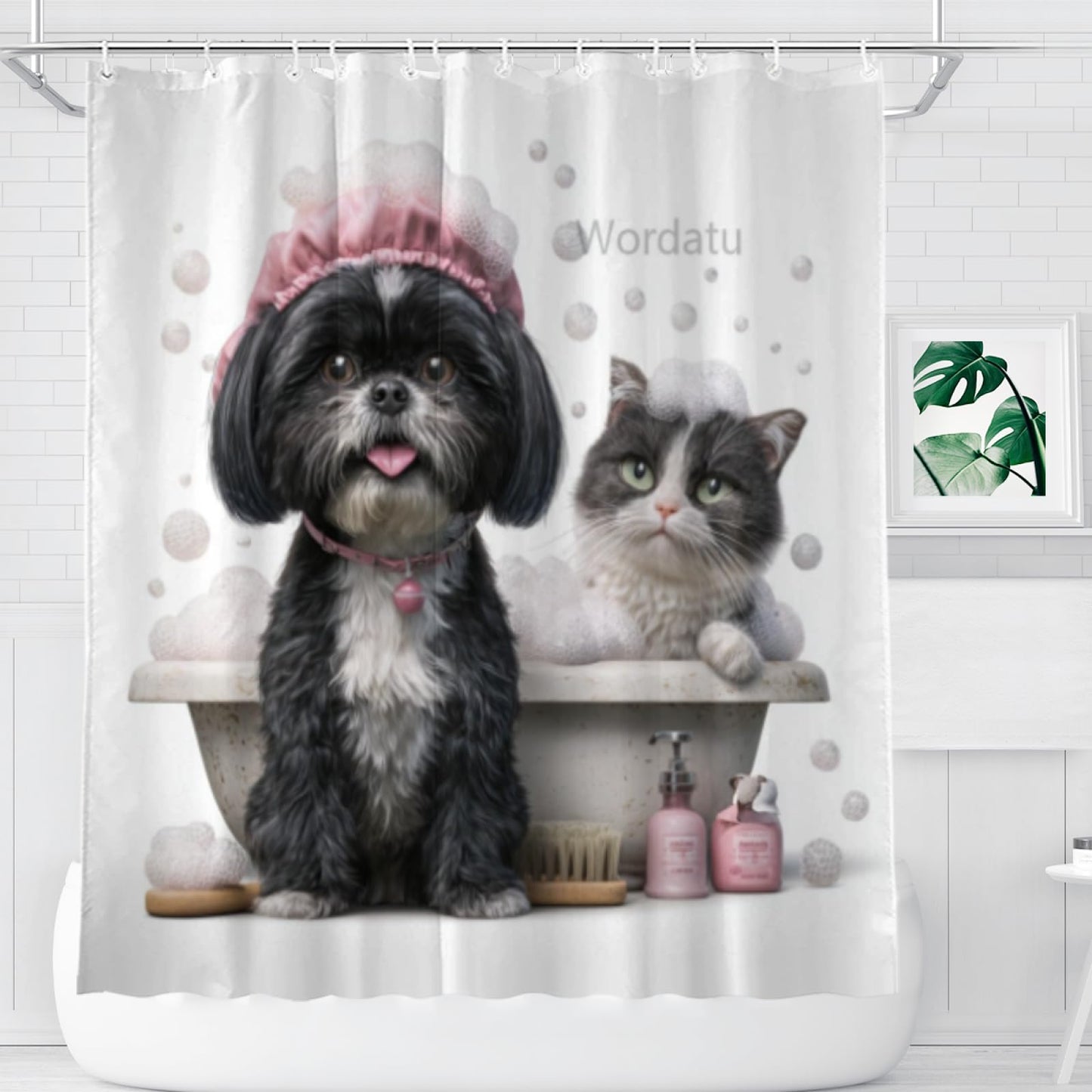 Wordatu Funny Black Shih Tzu Shower Curtain Decor Fabric Bathroom Curtains, Kids Children Cartoon Waterproof 72x72 inch with 12 Hooks