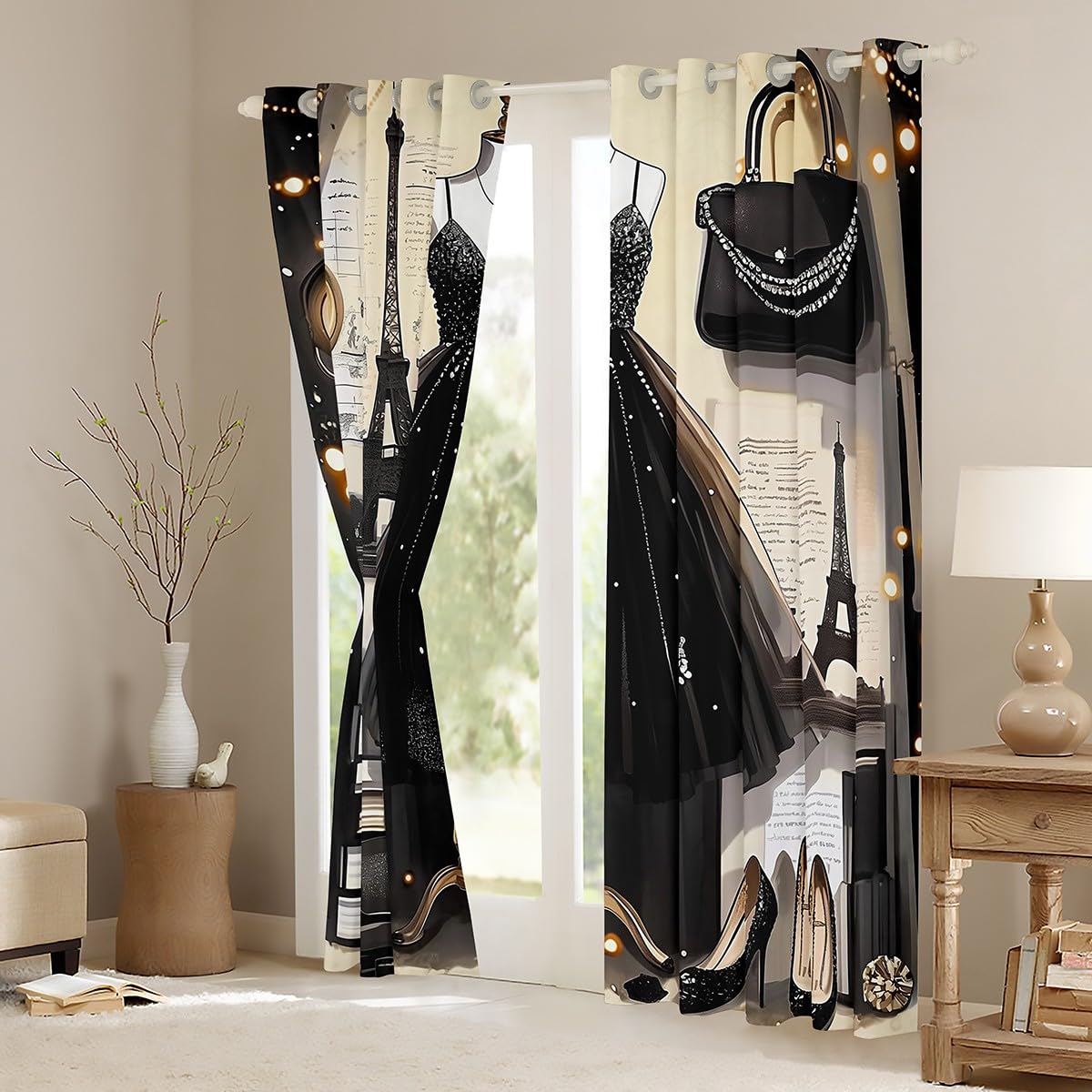 Erosebridal Fashion Dress Blackout Curtains Fashion Girly Black Dress Curtains Eiffel Tower Paris Style Bedroom Curtains Romantic Makeup Themed Window Curtains Women Perfume Print Curtains,76" Wx45 L