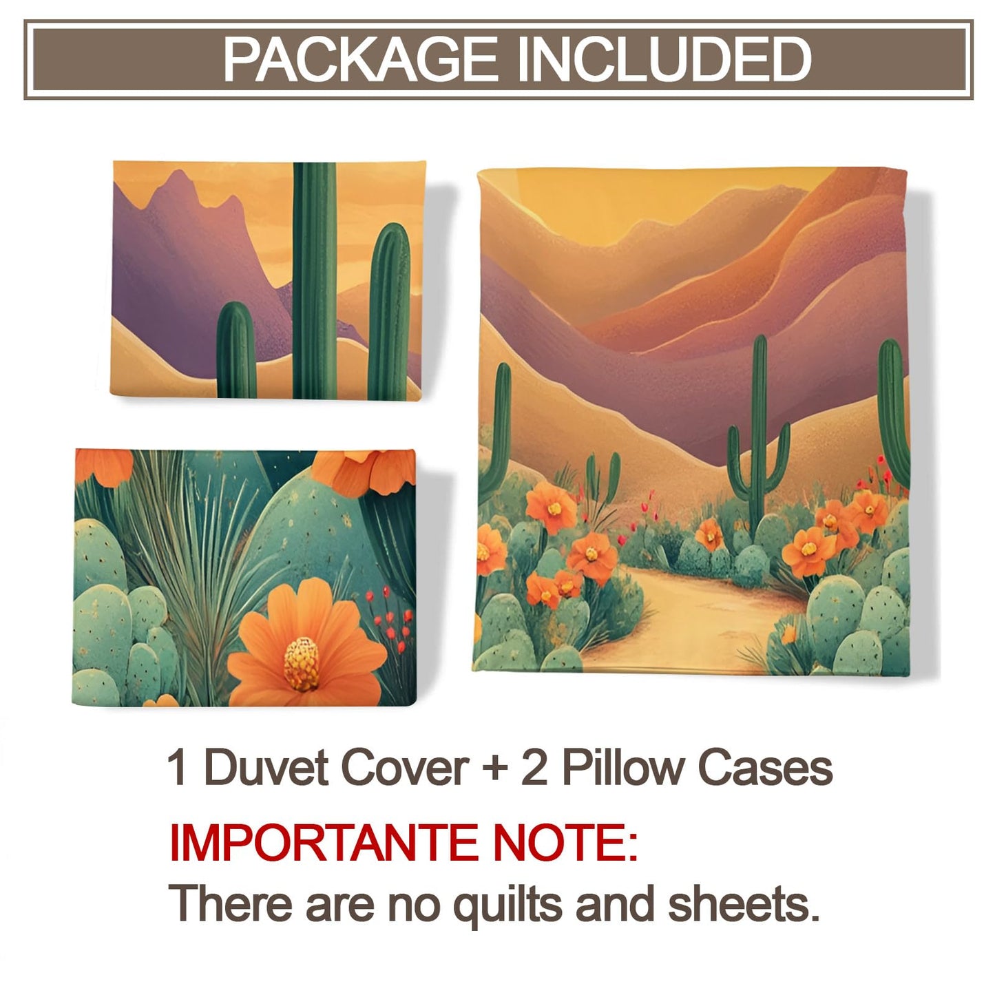 GKPLY Desert Cactus Bedding Sets Queen, Southwest Floral Duvet Cover, Boho Landscape Comforter Set, Zipper & Ties, 2 Pillowcases, Reversible Print, Western Sun Quilts & Home Decor, Easy Care