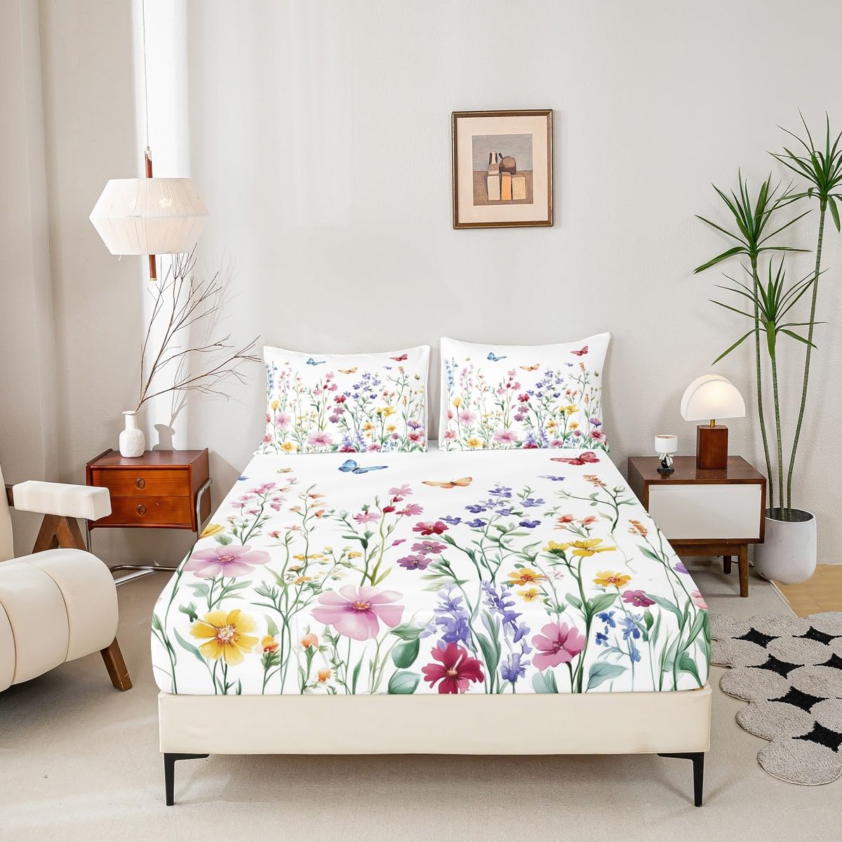 jejeloiu Butterfly Fitted Sheet with 1 Pillowcase Twin Size Cute Floral Bed Sheets Set 16" Deep Pocket Boys Girls Wildflower Flower Floral Bedding Butterflies Print Teens Bedroom Decor