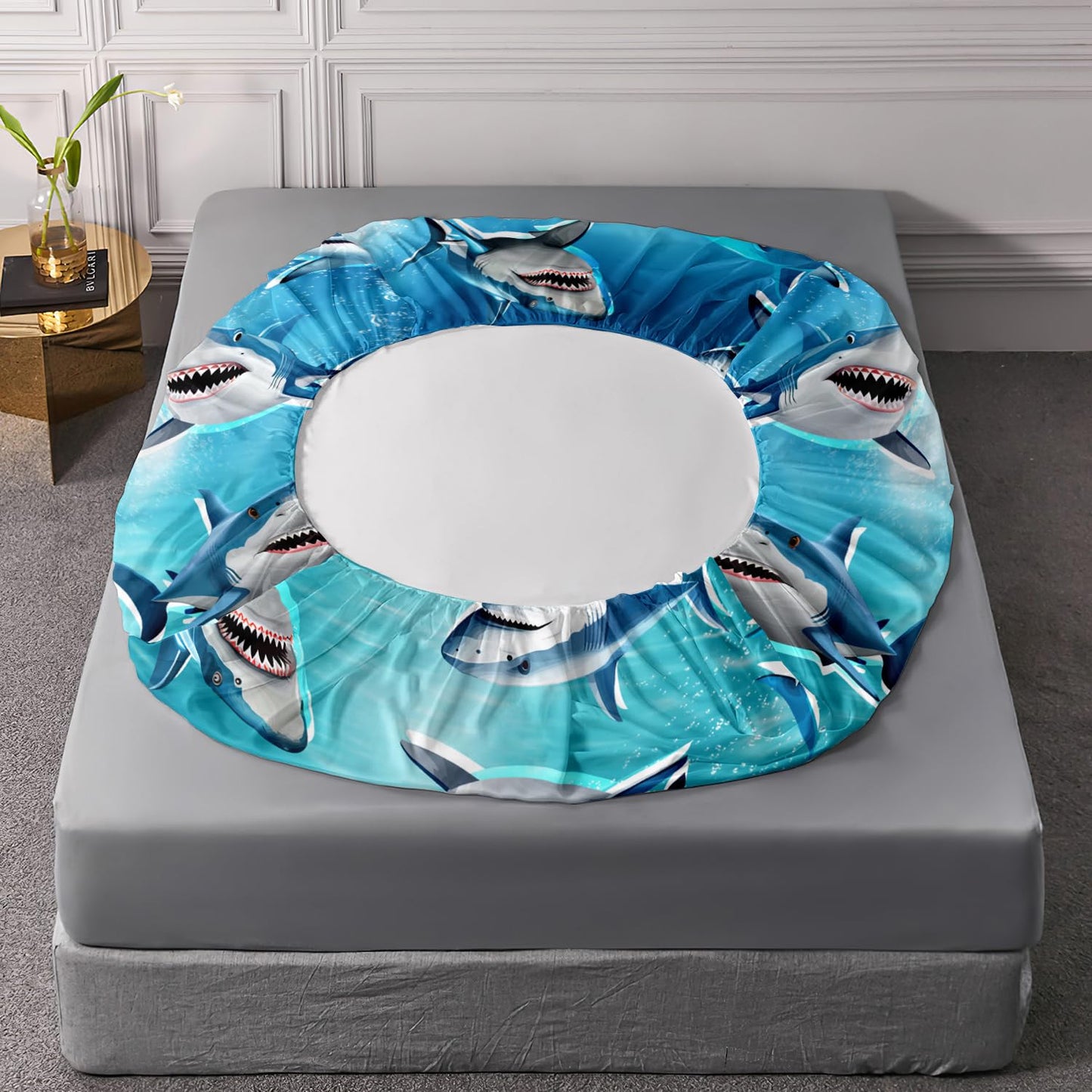 HOSIMA Teens Shark Print Fitted Sheet Set,Shark Swimming in The Underwater World Pattern Bedding Sets Full Size,Ocean Animal Theme Fitted Sheet for Kids Boys Room Decor,1 Fitted Sheet+2 Pillowcases.