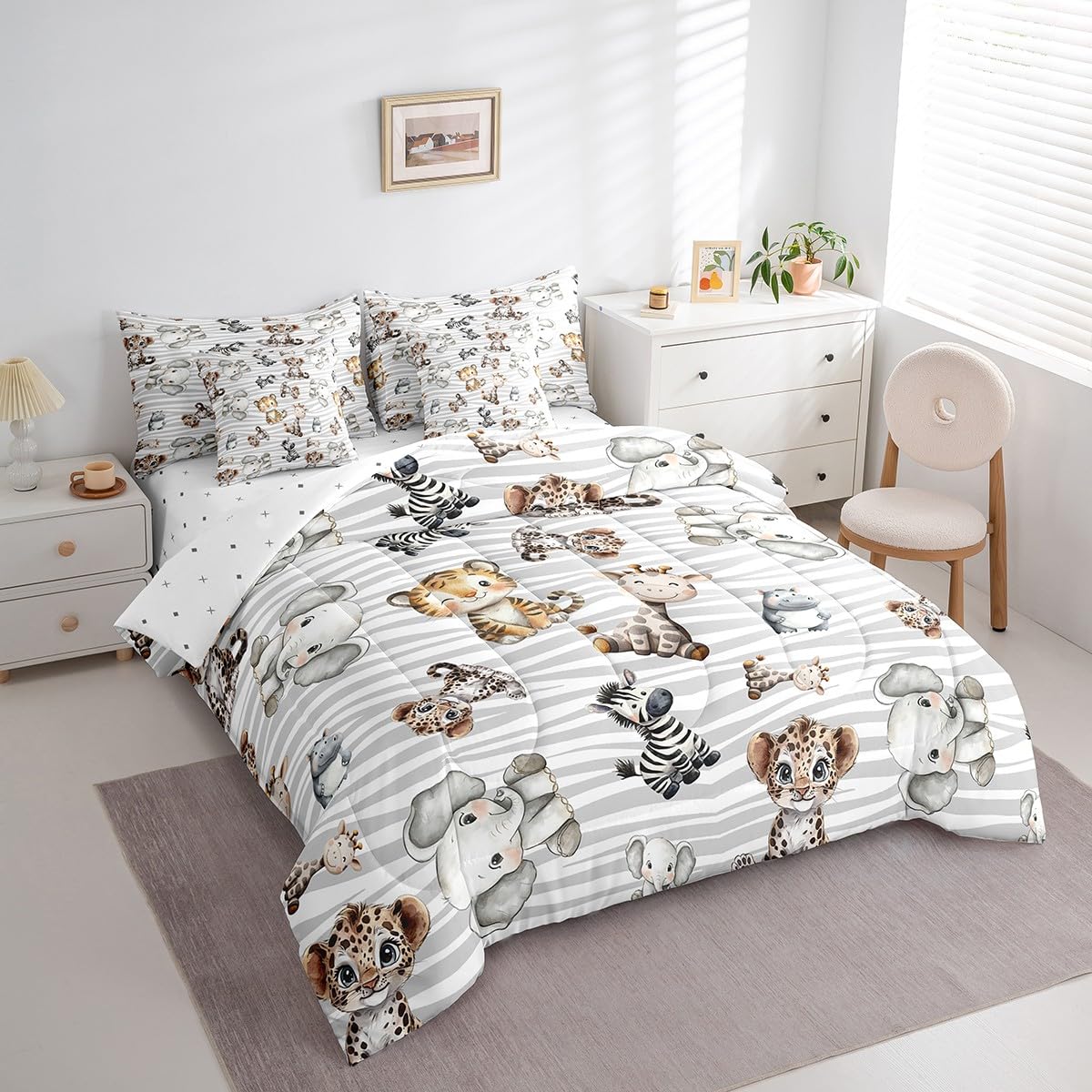 Erosebridal Nursery Safari Kids Twin Size Comforter Set with Sheets - African Jungle Animal 7-Piece Bedding Set for Girls Baby Lion Giraffe Bed in a Bag Zebra Hippo Leopard Wild Animal Bed Quilt Sets