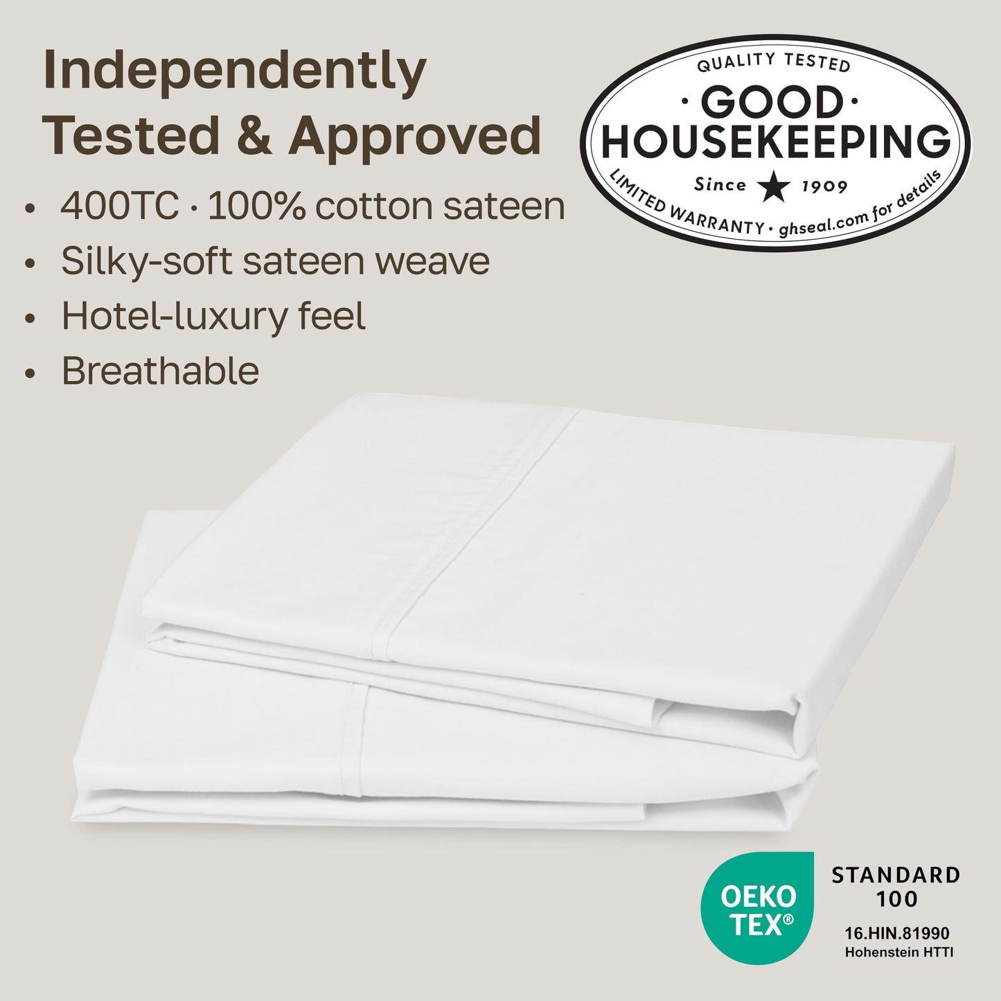 California Design Den Standard Queen Size Pillowcase Set - 400 Thread Count, 100% Cotton Sateen, Set of 2 Pillow Covers, Soft and Breathable - Antique White