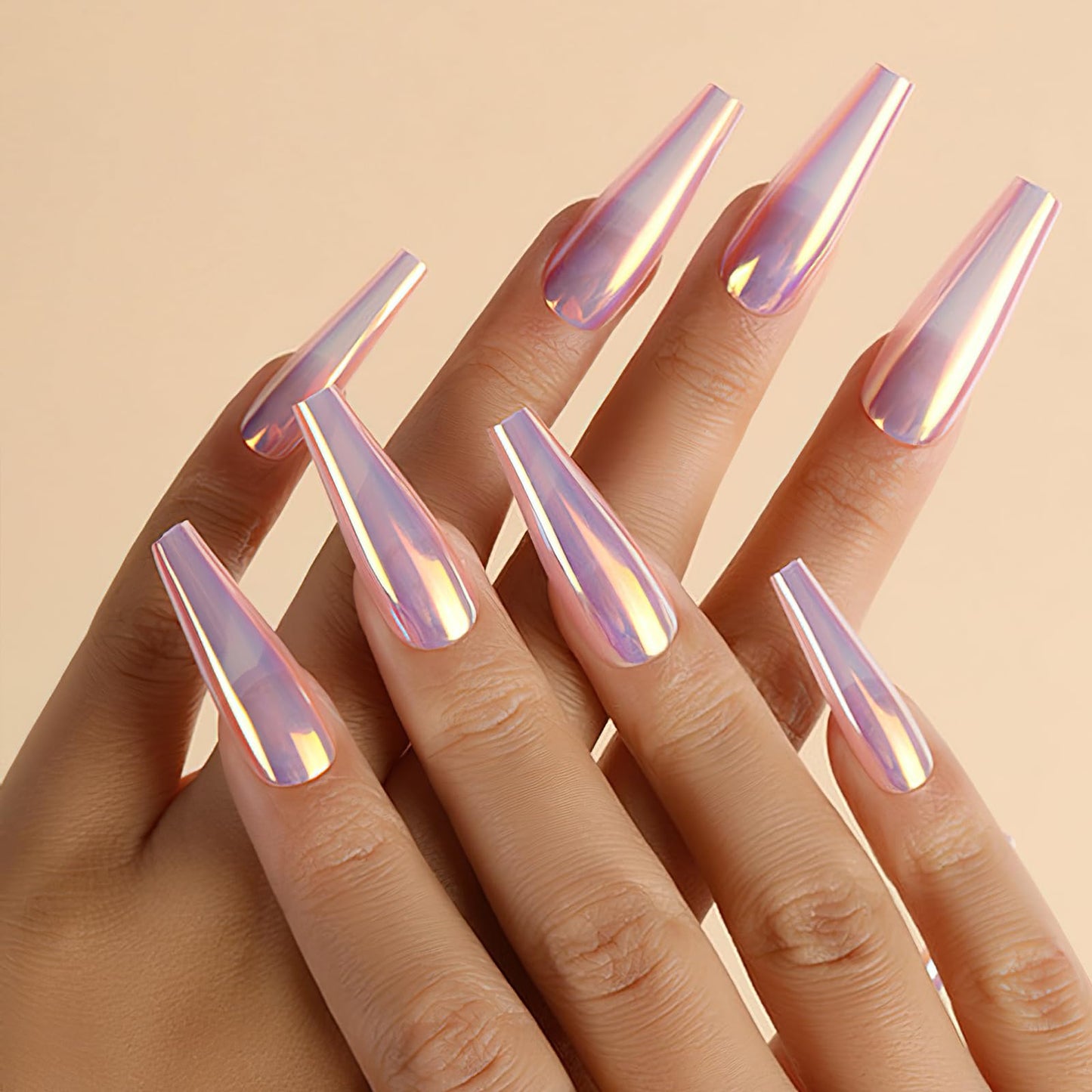 Chrome Press On Nails - Long Square, Ballerina Mirror, Coffin, Holographic, Metallic, Laser Acrylic, 3D Nail Art