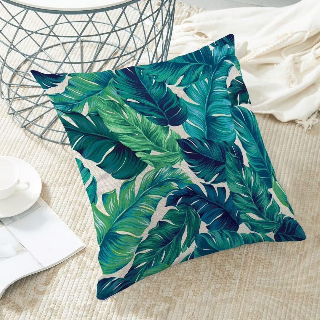 AEIOAE Summer Tropical Leaves Pillow Covers 20 X 20 Inch Set of 2, Green Palm Leaf Decorative Throw Pillow Covers Square Linen Botanical Plant Outdoor Cushion Covers for Couch Home Sofa Decor