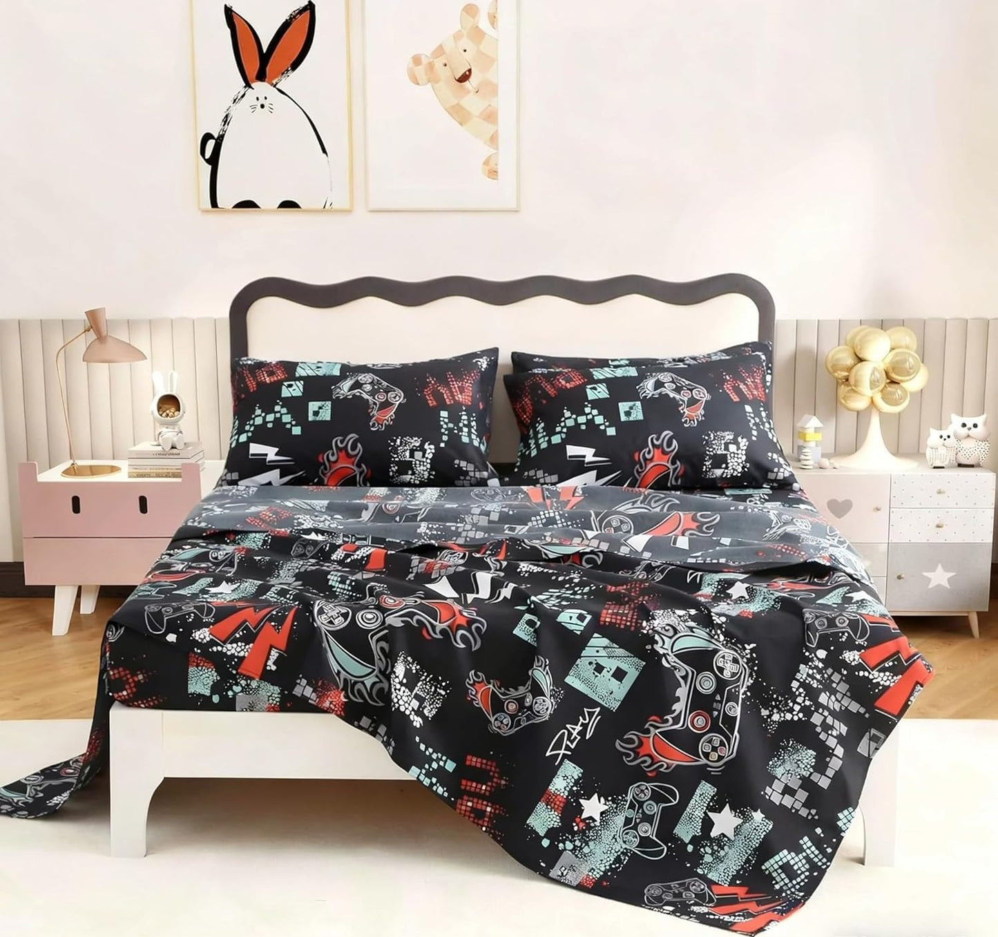 SDY 4 Pieces Game Sheet Sets Queen Size,Great Cartoon Microfiber Bed Sheets Sets,for Boys, Girls, Kids and Toddler, Bed in A Bag Packaged with 1 Fitted Sheet+ 1 Top Flat Sheet + 2 Pillowcases