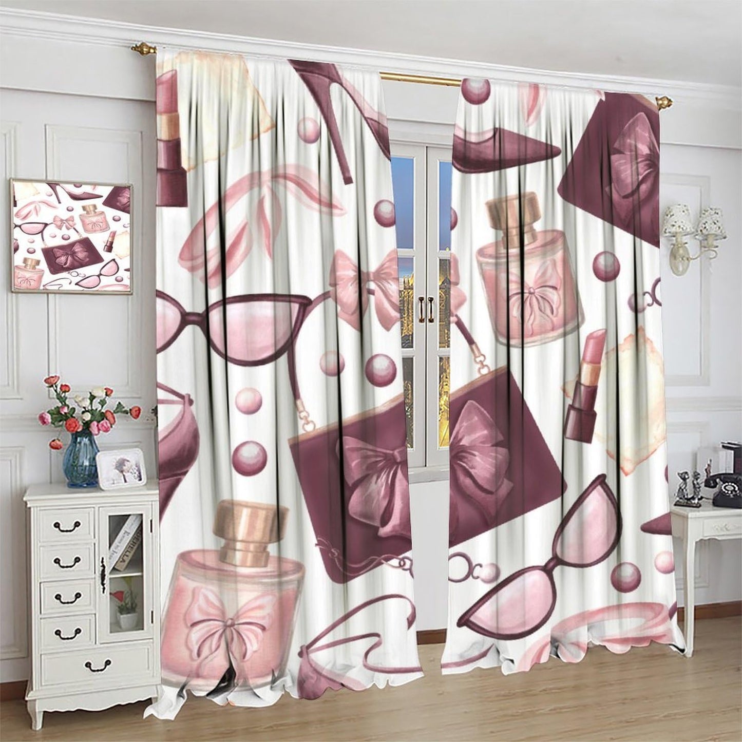 Fashion Girls Curtains Modern High Heels Pink Perfume Lipstick Sunglasses Bag Art Printed Rod Pocket Window Treatments For Women Teenage Living Room Bedroom 2 Panels Set 41x45 ln（No Blackout）