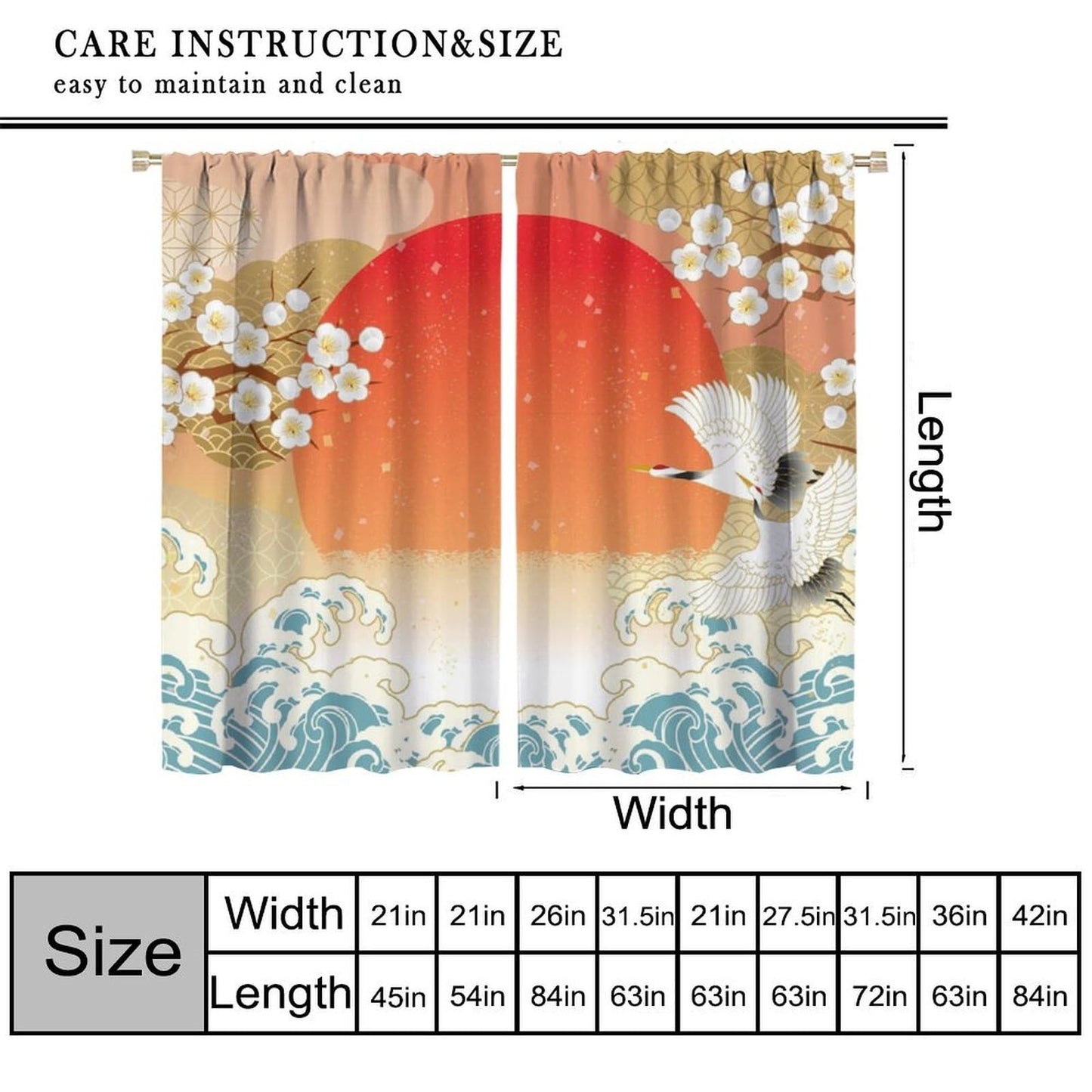 Japanese Floral Crane Curtain, Orange White Plum Blossom Flying Cranes Teal Waves Red Sunset Theme Print Decor Rod Pocket Window Drapes, for Bedroom Living Room 42" W X 45" L