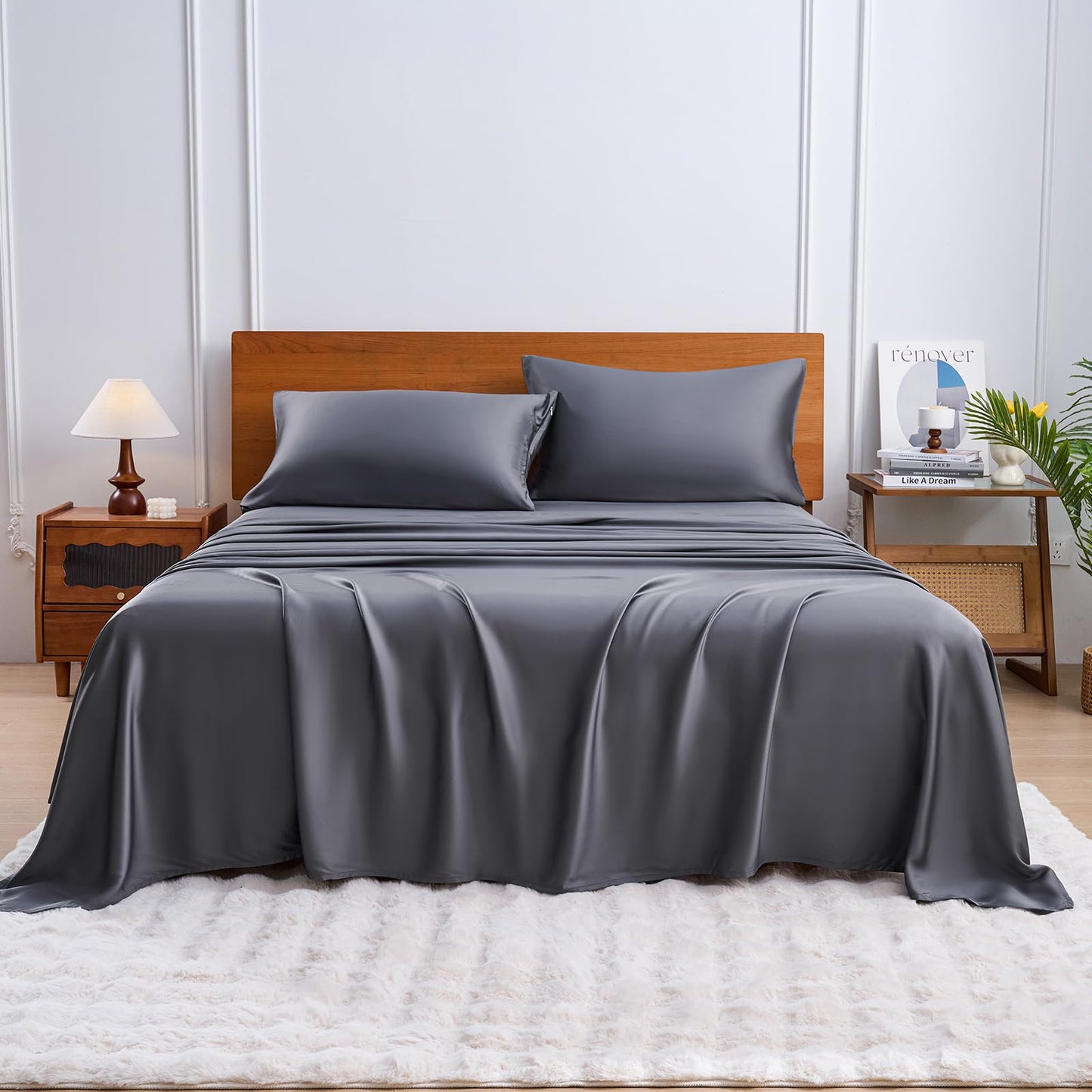 YIYEA 100% Viscose Derived from Bamboo Sheets, 600 Thread Count Cooling Bed Sheet Set for Hot Sleepers, Silky Soft, Breathable, 16" Deep Pocket, 4PC, King, Dark Gray