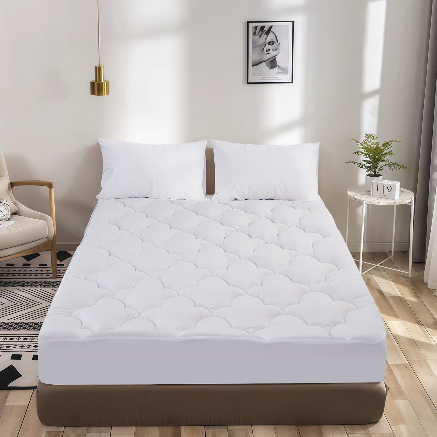 WQSPRING Supportive Quilted Mattress Pad Pillow Top Mattress Cover Protector Cooling Soft for Breathable Padded Fitted 8"-21" Deep Pocket (White,Full Size)