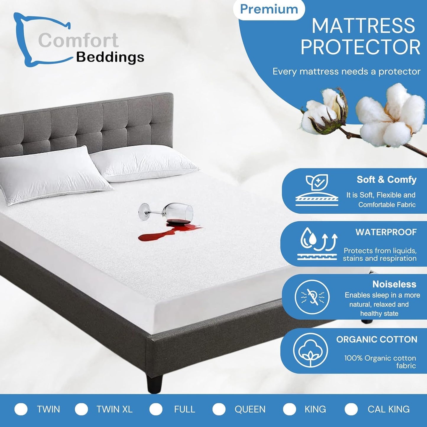 Comfort Beddings 100% Organic Cotton Mattress Protector Short Alaskan King Mattress Cover 250GSM, Waterproof, Noiseless Fitted Bed Cover Protector with 15" Deep Pocket