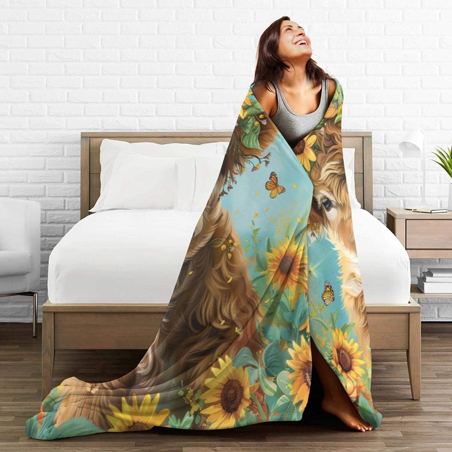 Qycazzw Highland Cow Blanket Gifts for Women Girls Kids, Sunflower Farm Animal Throw Blankets, Soft Cozy Flannel Throws for Sofa Couch Bedroom Decor 50x60in