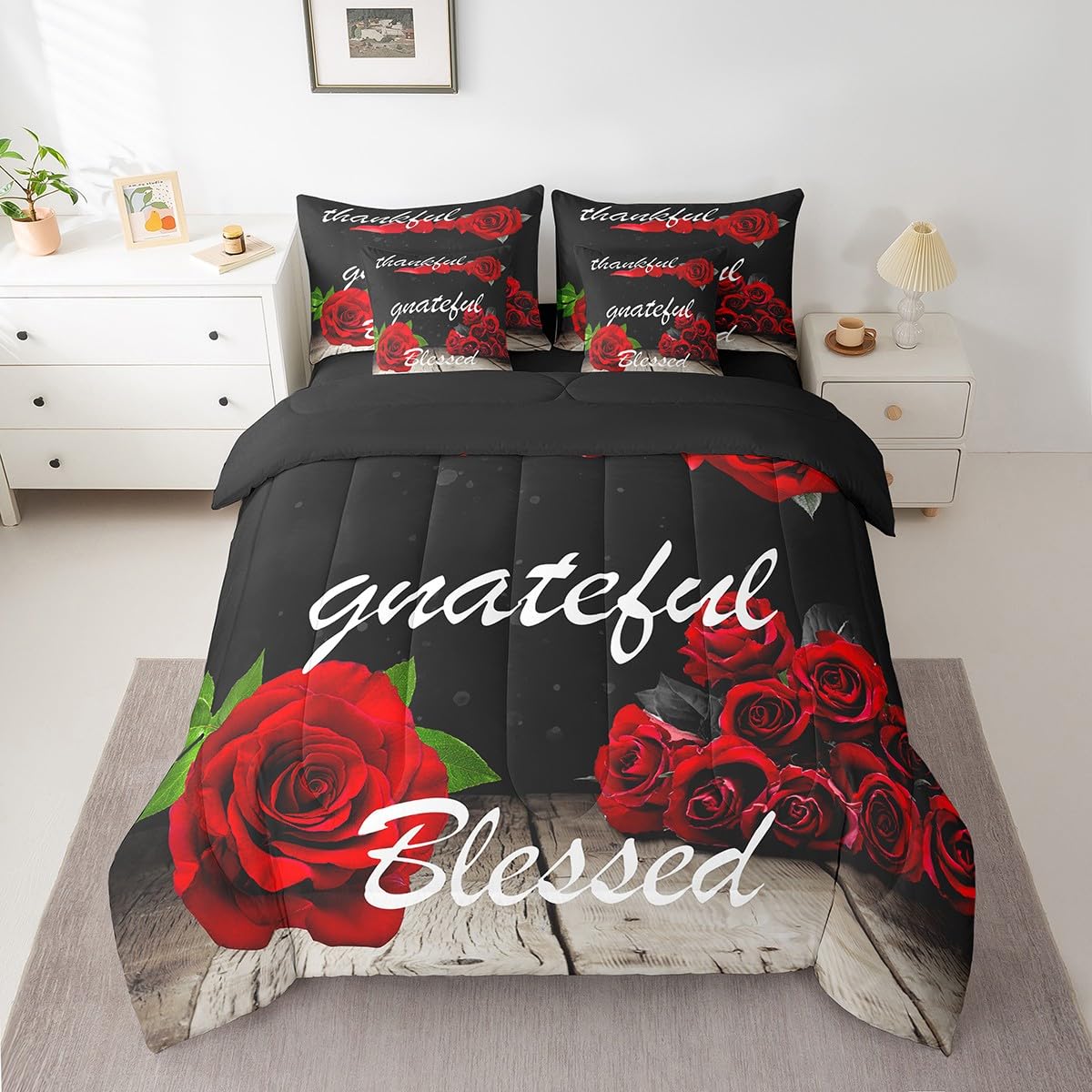 Feelyou Red Rose 7 Piece Bedding Set for Adult Couple Full Size Flower Floral Comforter Set with Sheets Boys Girls Blessed Gift Bed in a Bag Romantic Bed Set