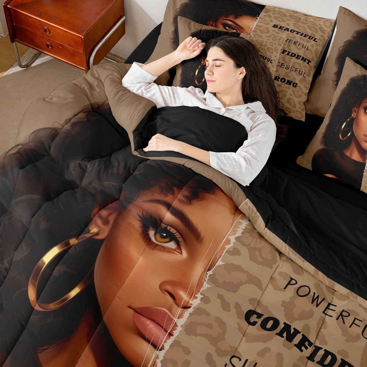 Erosebridal Aesthetic Black Girls Queen Bedding Set Fashion Leopard Print Comforter Set with Flat and Fitted Sheet Modern Cheetah Girl 7-Piece Bed in a Bag Women Empowering Words Art Quilt Sets