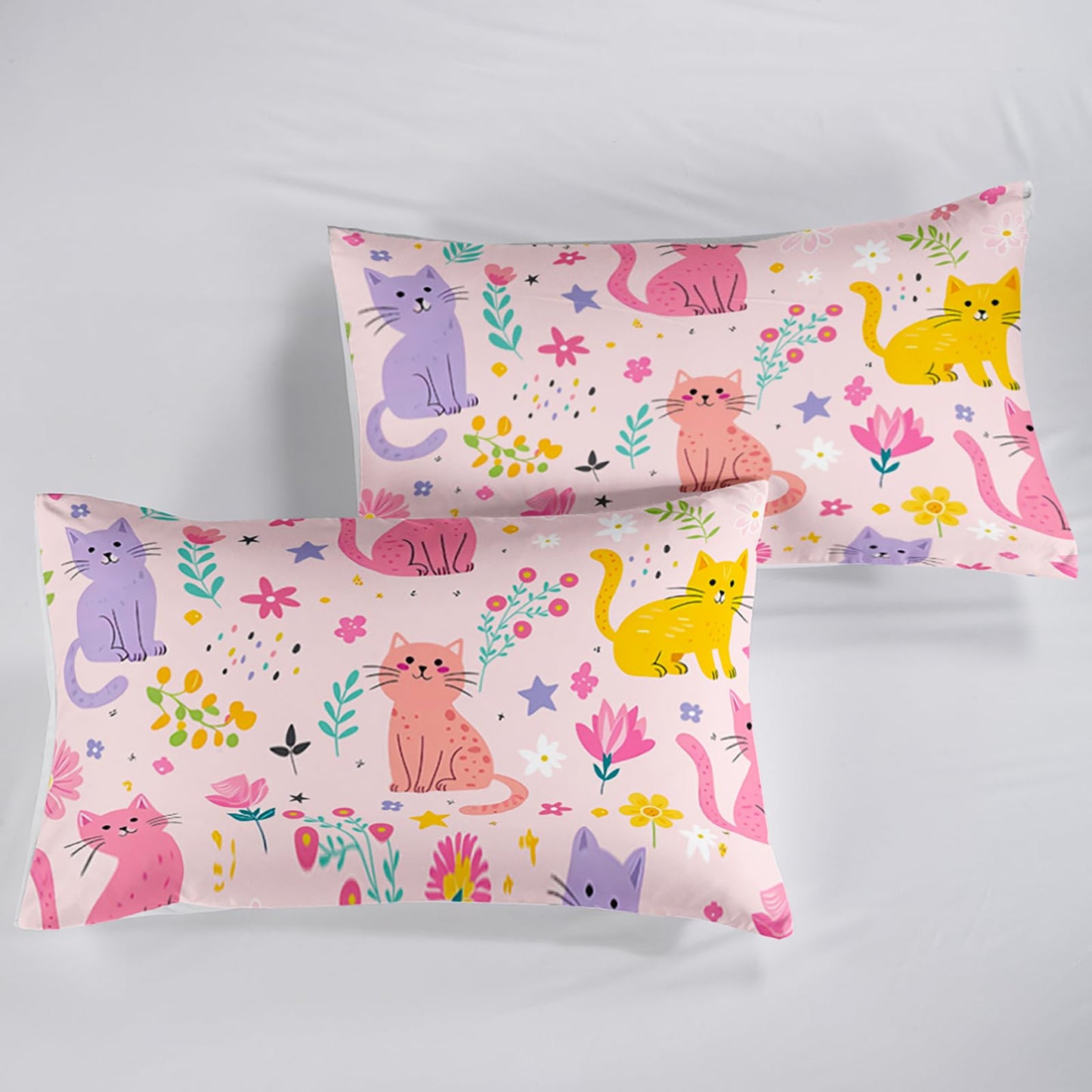 QOOMO Floral Cats Sheet Set,Kawaii Cats Kids Bed Sheets,Pink Floral 16" Deep Pocket Bed Sheet Set for Boys/Girls/Kids/Teens，4 Piece Sheet Set, 1 Fitted Sheet,1 Flat Sheet and 2 Pillowcases，Twin Size