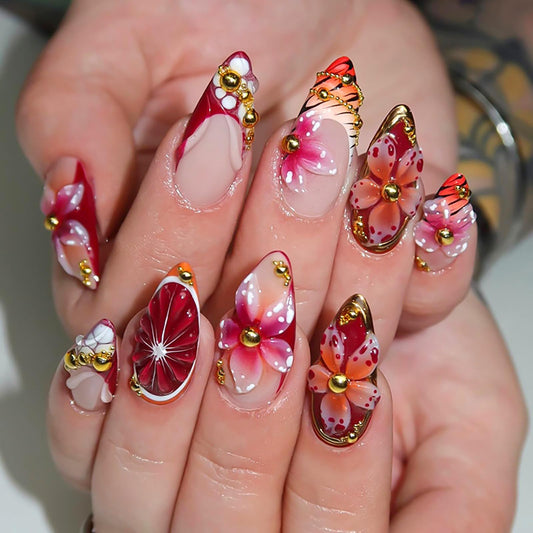 RUOKEXIN Almond Press on Nails French Tip Fake Nails Medium False Nails with Gold Pearl Designs Acrylic Nail Press ons Sparkly Artificial Nails for Women 30Pcs