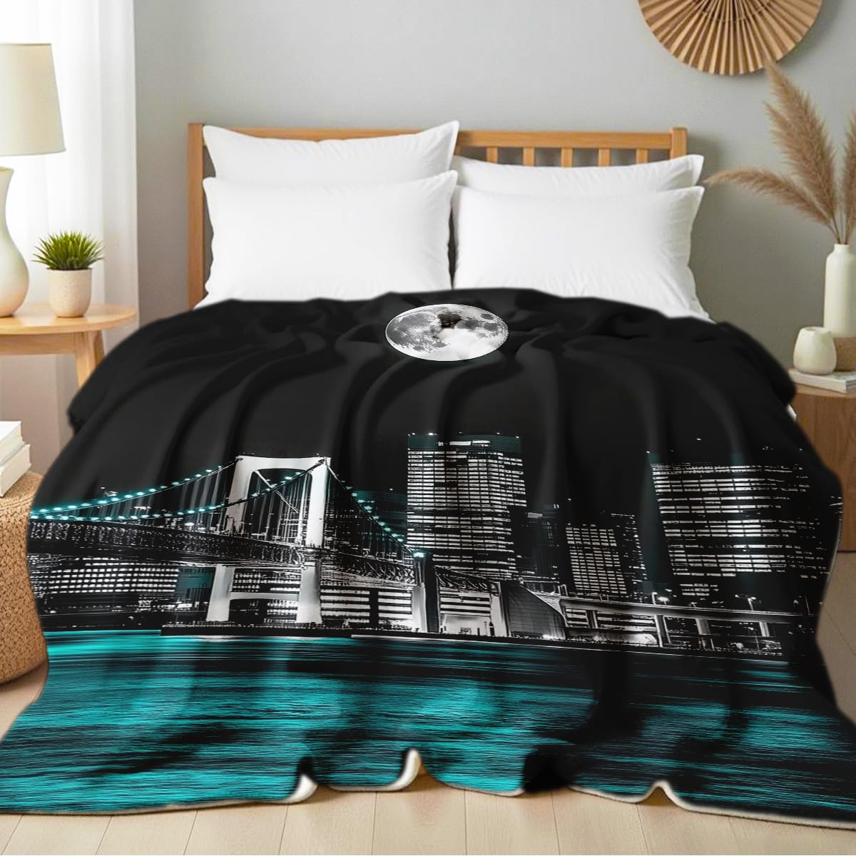 HUNXIAOJ New York City Building Blanket for Bed Couch Cityscape Blanket Throw Black White Teal Decor Flannel Prints Bedding Home Decor (49"x59")