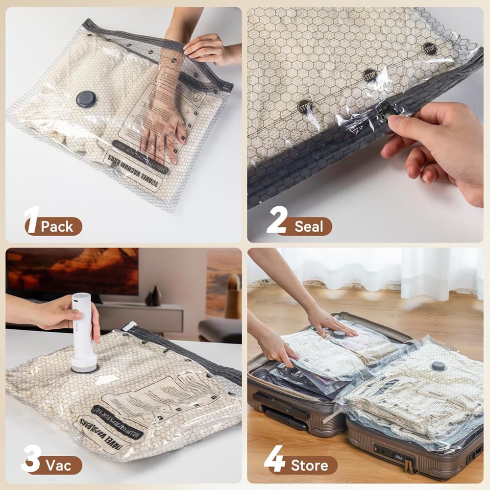 15 Combo Space Saver Vacuum Storage Bags for Travel with Rechargeable air Pump, Vacuum Seal Bags for Luggage and Suitcase, Compression Bags for Travel & Home, Clothes, Blankets, Seasonal Storage