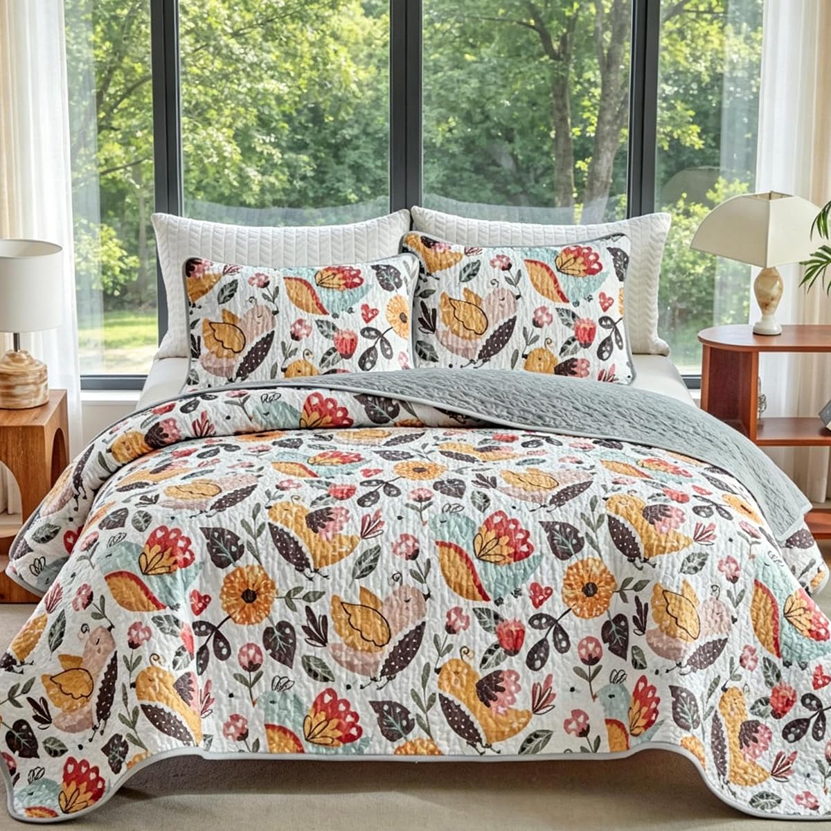 SANOCAY Boho Floral Quilt Set King Size, 3 Piece Lightweight Summer Bedding Set with 2 Pillow Shams, Soft Reversible Microfiber Bedspread, Farmhouse Coverlet for All Season (Bird, King)