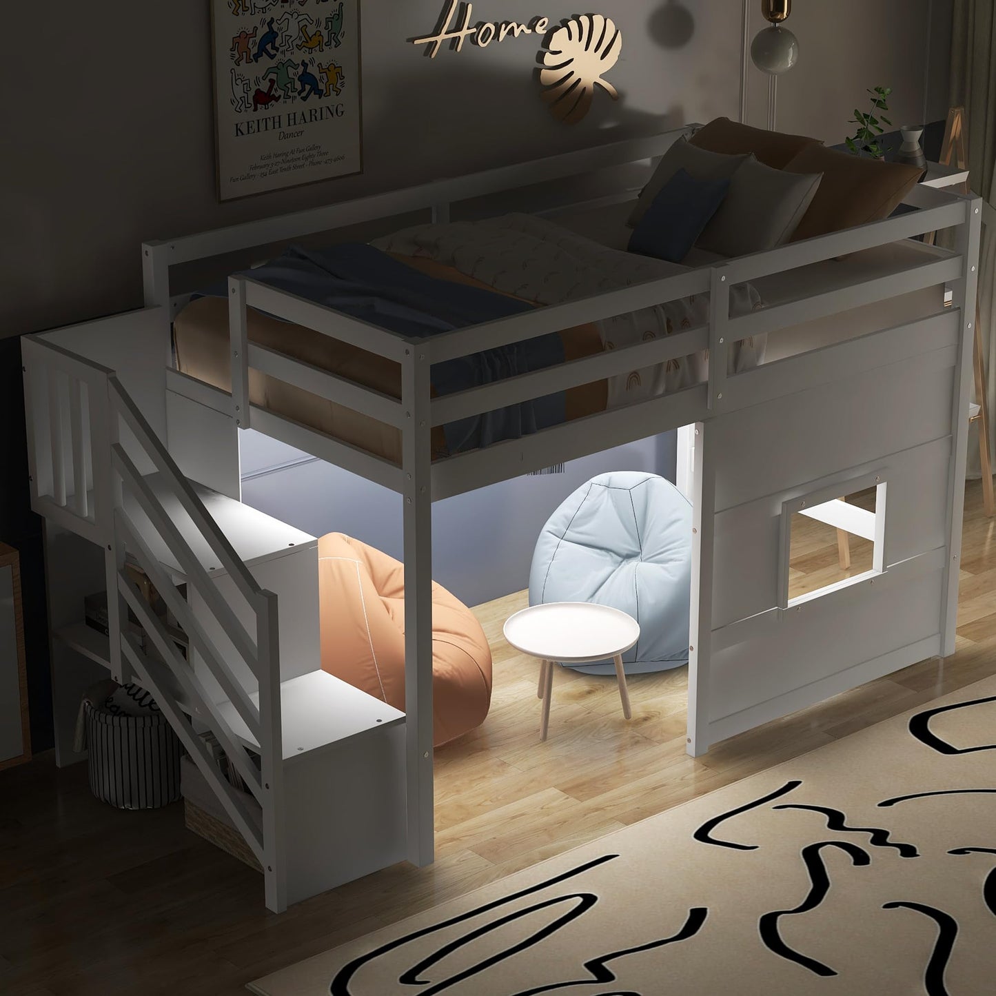 Harper & Bright Designs Twin Low Loft Bed with Staircase and LED for Kids,Wood House Loft Bed Frame with Window and Guardrails,White