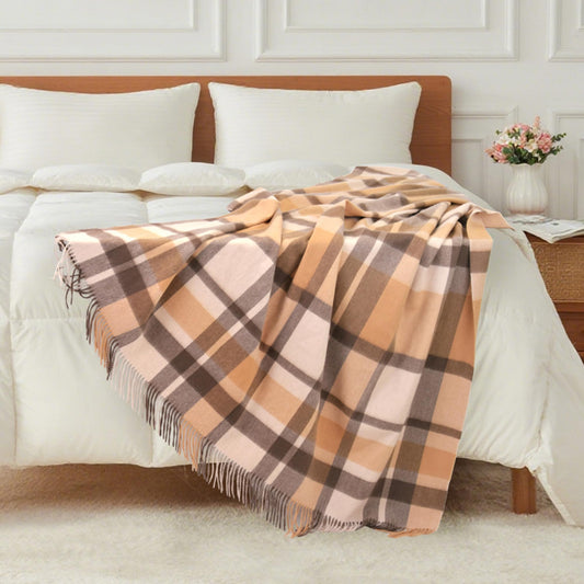 Pure Wool Blanket - 85" x 55" - Soft Cozy, Wool Knee Blanket with Fringe for Couch Sofa Bed, Lightweight Breathable Throw for Home Travel, Camel Chedkered