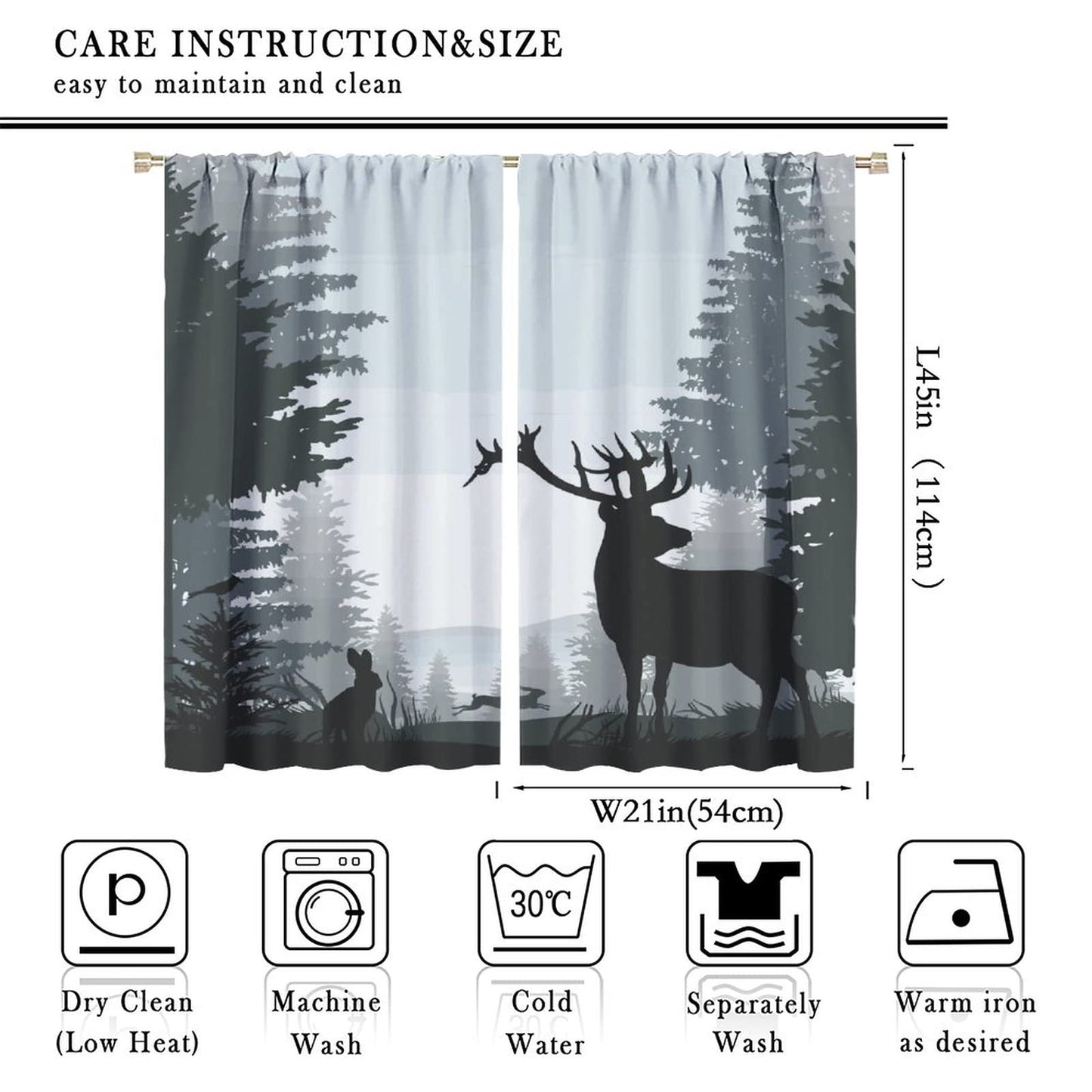 Deer Blackout Curtain,Misty Forest Rustic Wildlife Moose Mountain Elk Rabbit Pine Forest Silhouette Window Curtains Bedroom Living Room Insulated Window Drapes,2 Panels W42 xL45