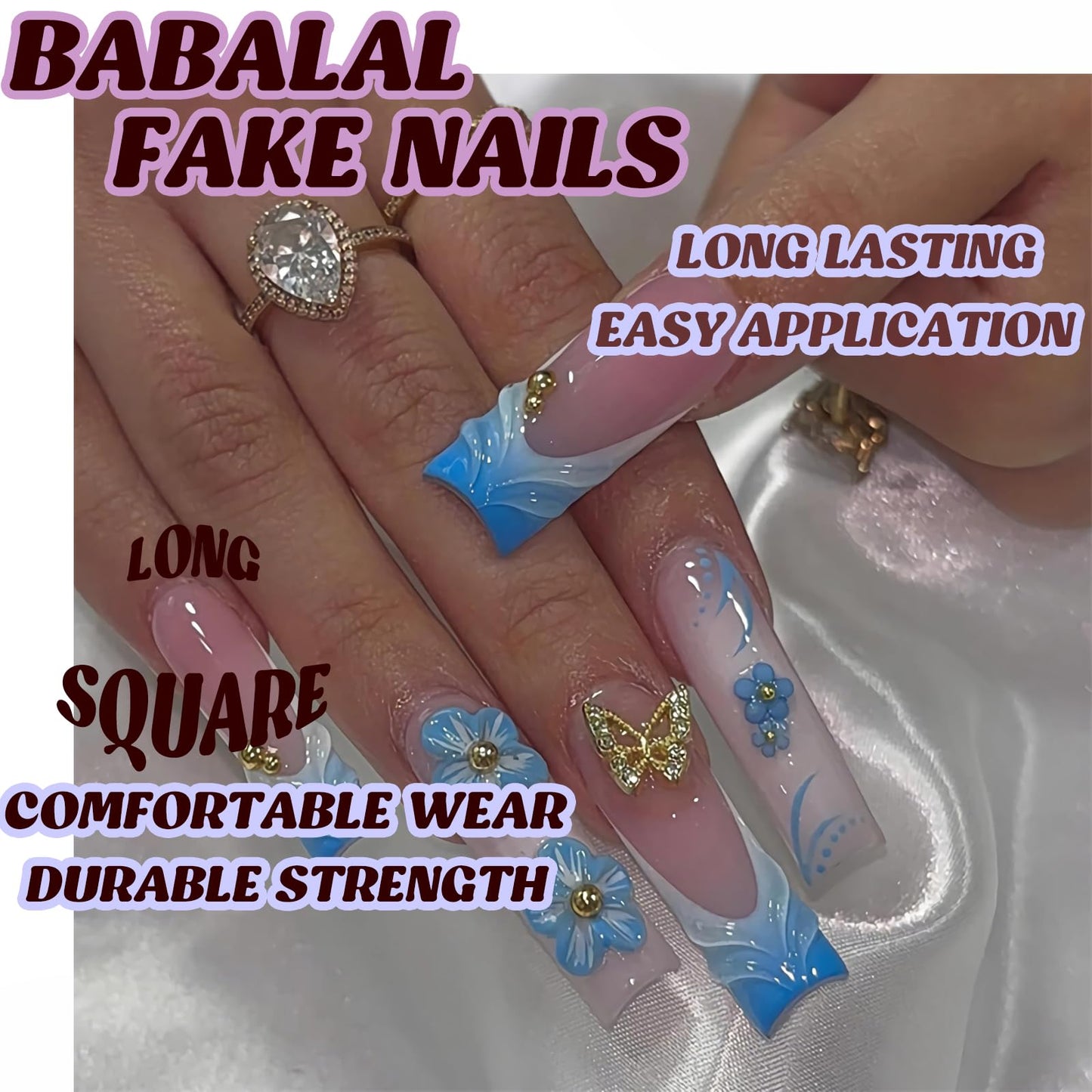 BABALAL Press on Nails Long Square Fake Nails Blue French Tip Glue ons 3D Texture Water Ripple Handmade Design with Butterfly Charm Supplies Art 24Pcs XL Full Cover Acrylic False Nails