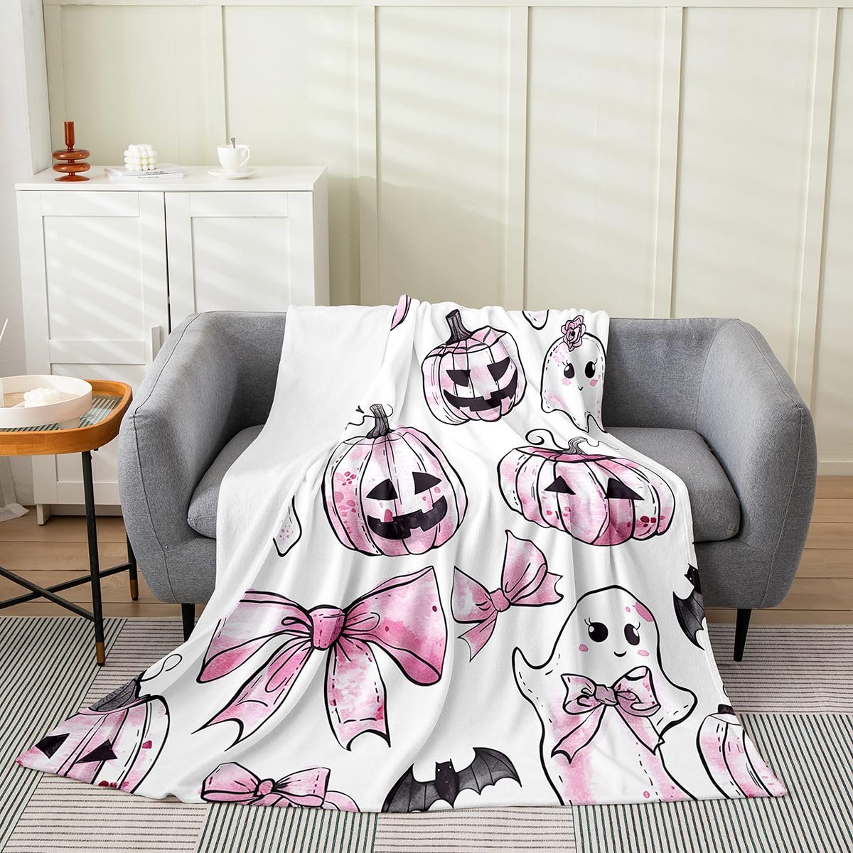 Feelyou Spooky Pumpkin Fleece Throw Blanket Halloween Themed Flannel Blanket Plush Fuzzy Bowknot for Bed Couch Chair Living Room Ghost 40"x50" Spooky Pumpkin Bedroom Decor