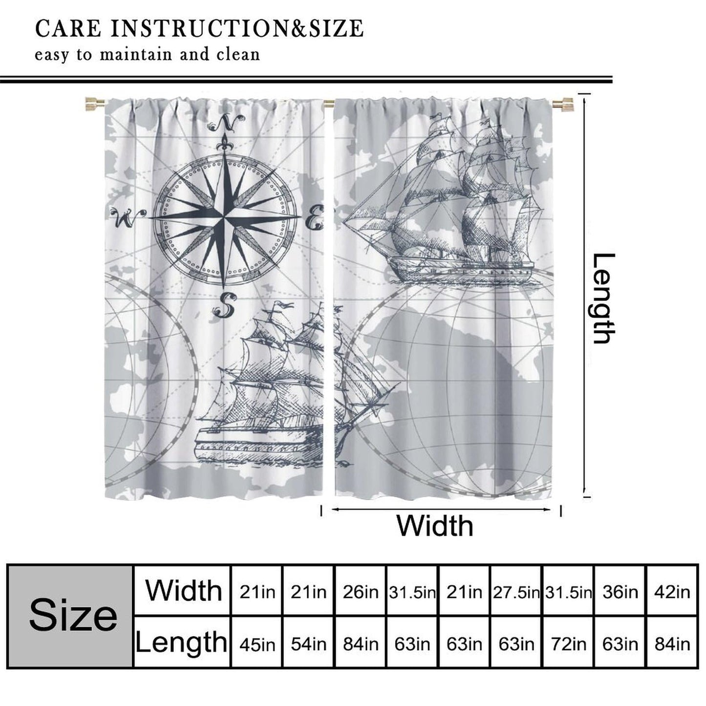 XBDDZSW Nautical Sailboat Map Curtains Sketch Pirate Ship Wheel Compass Starfish Coral Reef Nautical Map Pattern Print Window Drapes for Bedroom Living Room Kitchen Decor,2 Panel Set,42x45 Inch Decor