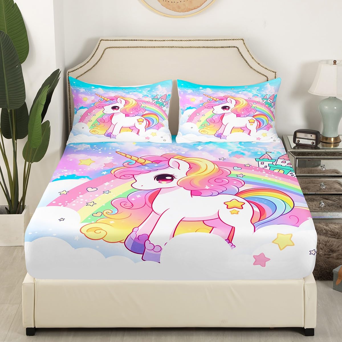 Cute Unicorn Kids Fitted Sheet Full Size,Rainbow Stars Cloud Dreamy Bedding Set,Girls Women Room Decor,Cartoon Animals Castle Girly Bed Cover,Pink Blue Unique Bed Sheet,2 Pillowcases