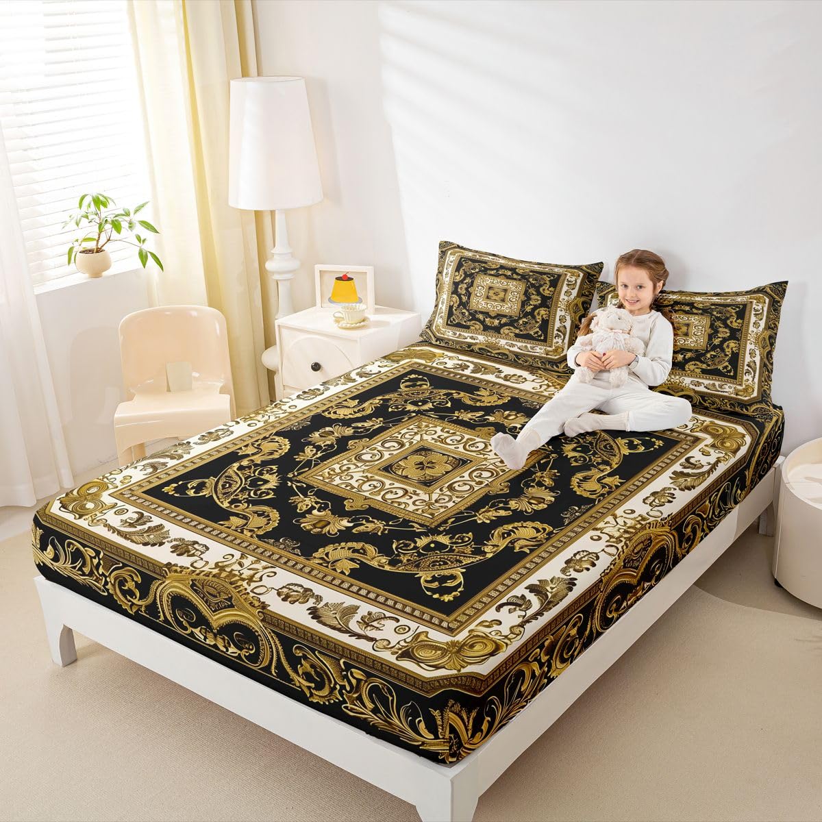 Erosebridal Boho Chic Floral Bed Sheets Set Full Hippie Paisley Sheet Set Vintage Boho Sheets Golden Black Flat Fitted Sheet