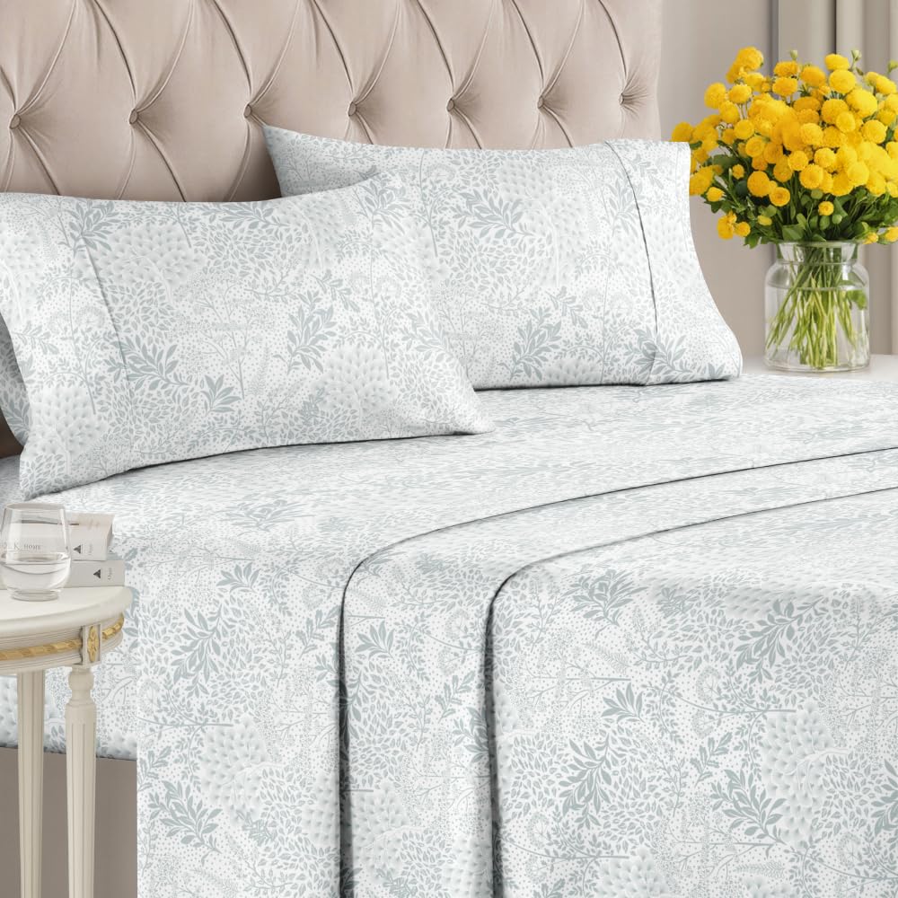 Floral Sheets - Grey Floral Bed Sheet Set - 1 Flat, 1 Fitted & 2 Pillowcases w/ Deep Pockets - Comfy, Wrinkle & Fade Free - Boho Botanical Bedding - Ultra-Soft, Breathable & Cooling - Queen Size