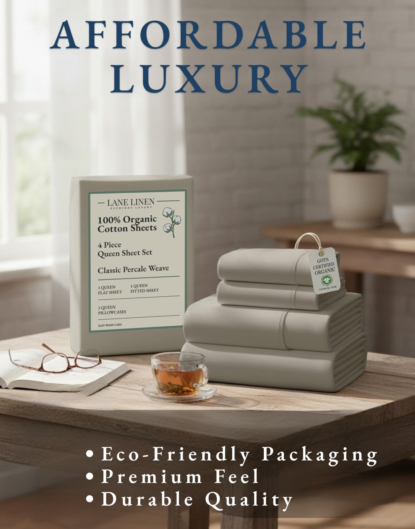 LANE LINEN 100% Organic Cotton Mercerized Queen Sheets, Soft & Comfy Naturally Cooling Cotton Sheets Queen Size Set, Classic Percale Weave Low Pill Fade Resistant Queen Bed Sheets- Silver
