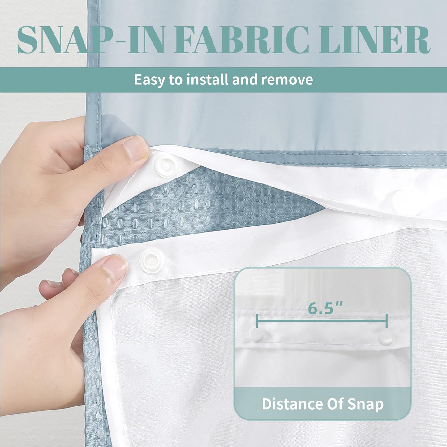 eachope Teal Hook Waffle Weave Shower Curtain with snap-in Liner Replacement, 230GSM Waterproof Fabric Hotel Shower Curtain Set for Bathroom, Through Mesh Top Window,71Wx74H