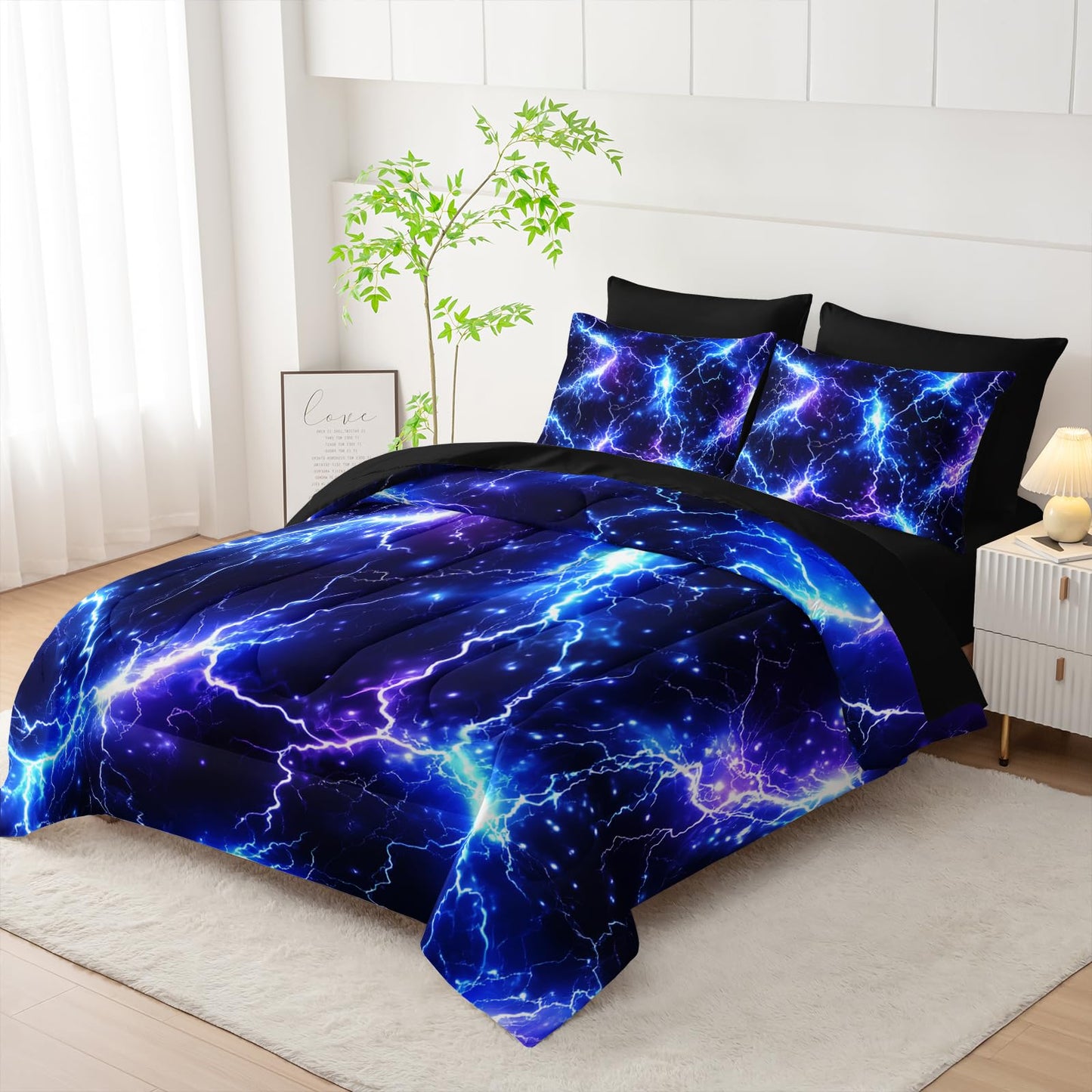 Nttopship Blue Lightning Comforter Set Full Size Bed in A Bag 7PCS,Lightning Bedding Set for Teen Adult Blue Room Decor Ultra-Soft Lightweight All Seasons with Pillowcases,Flat, Fitted Sheet