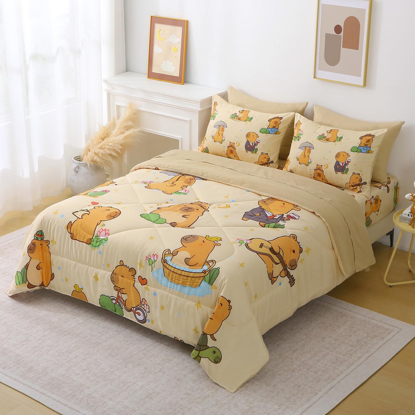 Jameswish 7 Piece Capybara Comforter Set Full Size Cute Cartoon Capybara Bedding Set Super Soft All Season Bedroom Decor for Kids Girls Boys Teens Birthday Choice
