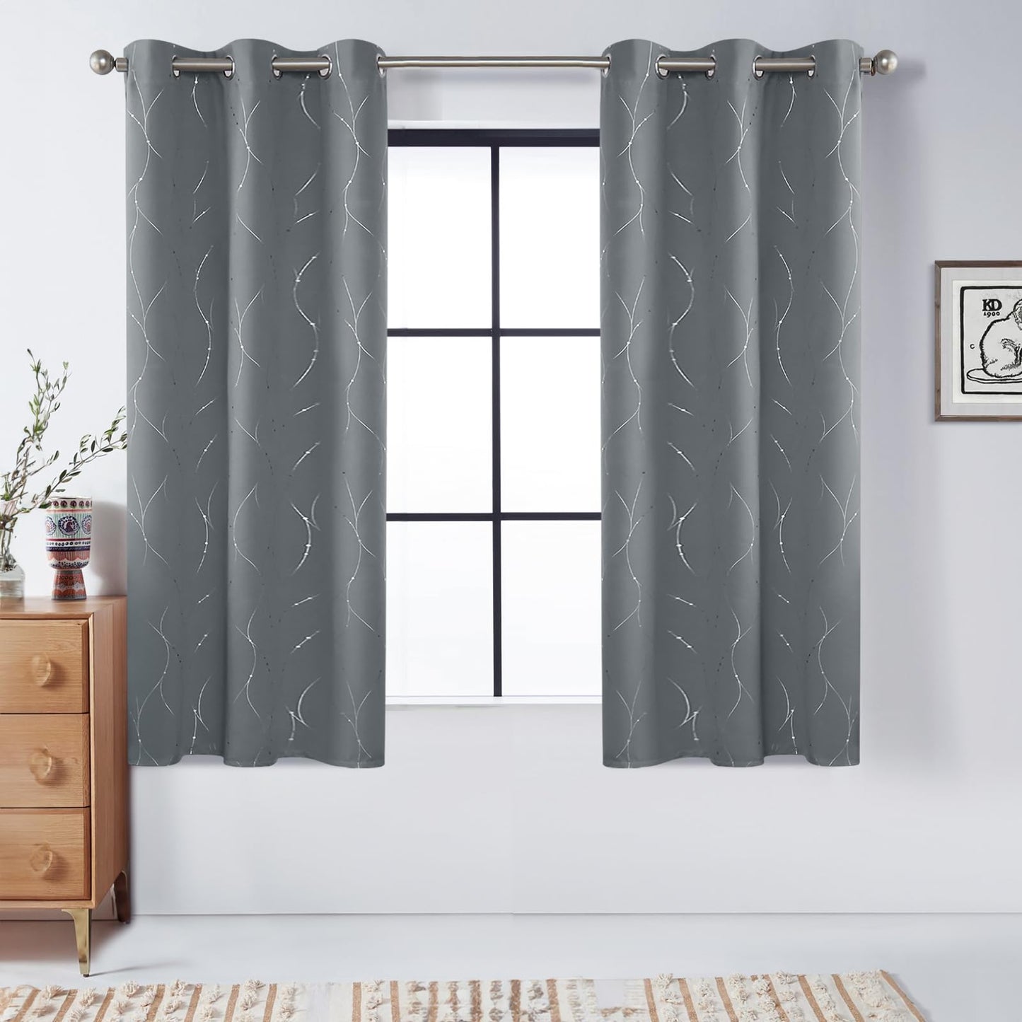 BUHUA Light Grey Blackout Curtains with Wave Line and Dots Printed Grommet Top Drapes Thermal Insulated Blackout Window Curtain for Bedroom Living Room 38W×45L Inch Lenght 2 Panels