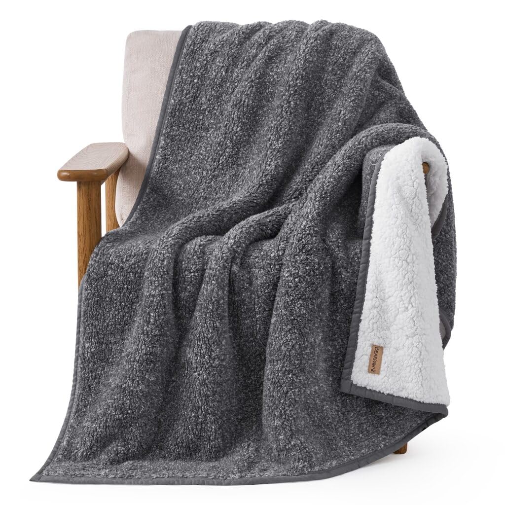 BEARPAW Sherpa Throw Blanket - Ultra Soft Plush Warm Reversible Fluffy Blanket for Bed Couch Sofa & Living Room Decor, House Decor, Room Decor Gifts for Women - 50"x70" (Gray, Throw - 50" x 70")
