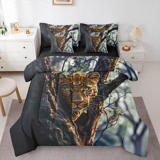 Feelyou Leopard Comforter Set Queen Size 7 Pieces Cheetah Print Bedding Set for Kids Boys Girls Wild Animal Bed in a Bag with Comforter, Sheets, Pillowcases, Cushion Covers Safari Quilted