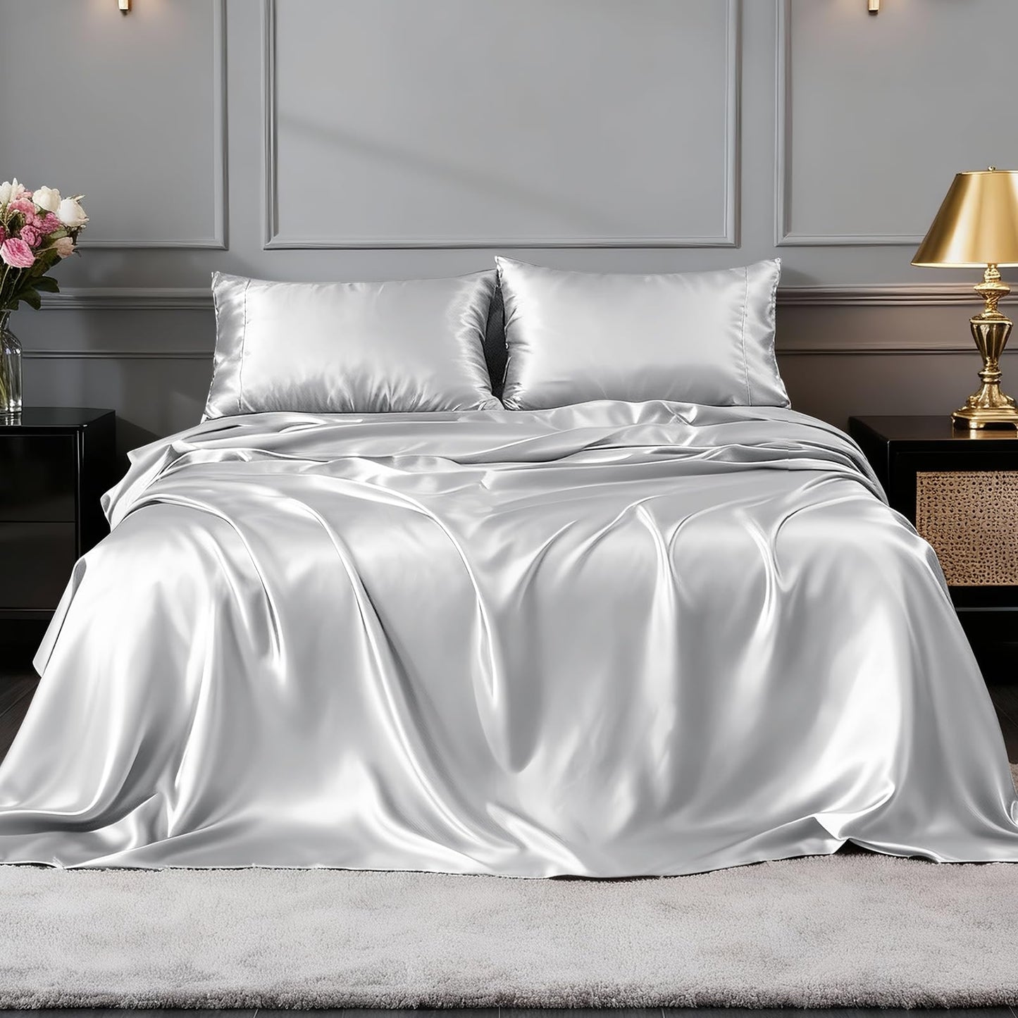 FreshCulture Satin Sheets Full Size - 4 Piece Luxury Soft Silky Full Size Bed Sheets, Similar to Silk Bed Sheet Set with 1 Deep Pocket Fitted Sheet, 1 Flat Sheet & 2 Pillowcases (Silver Grey)