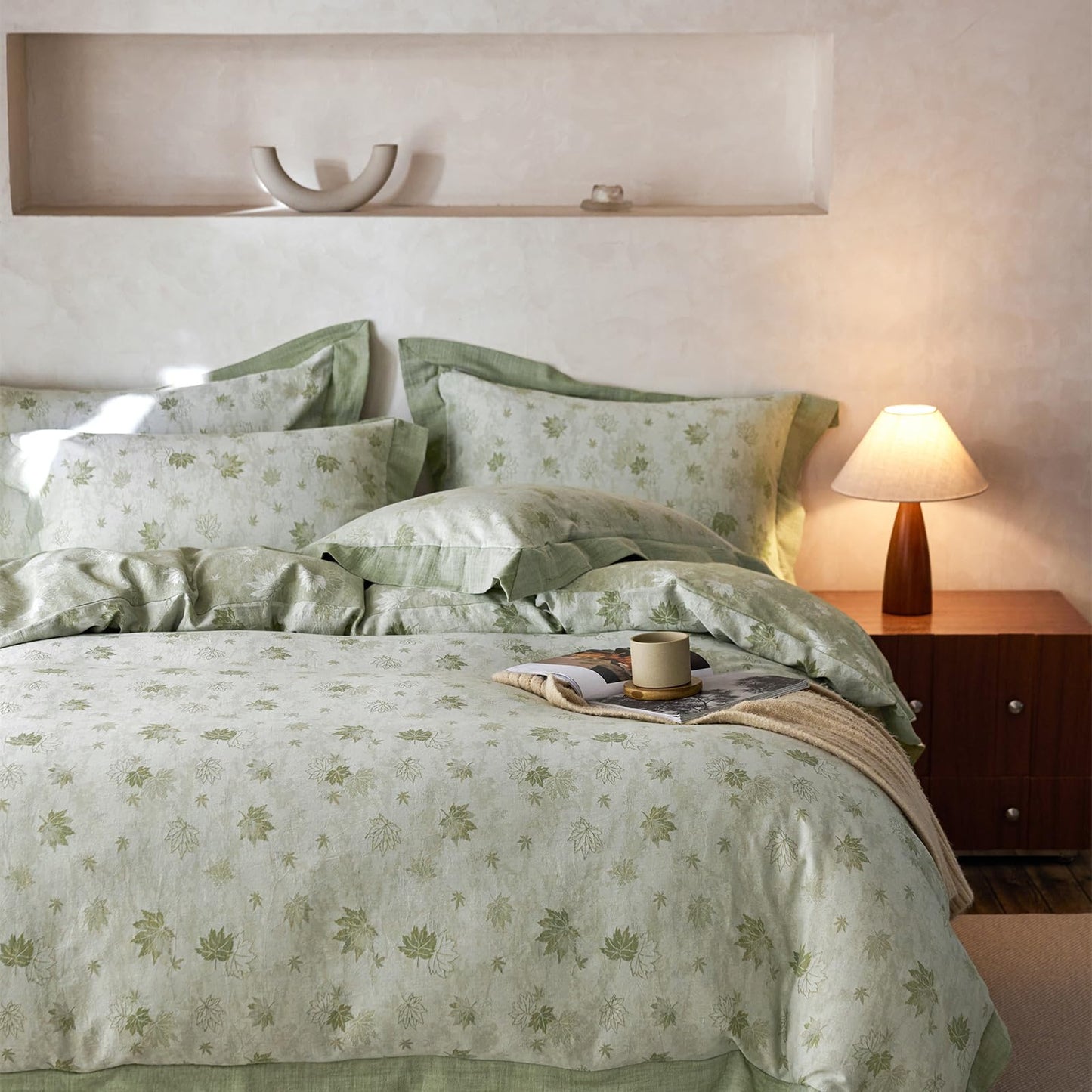 mixinni Yarn-Dyed Jacquard Duvet Cover King, Green Botanical Leaf Print 3-Piece Bedding Set with Wide Edge Piping, Soft Breathable Double Layer Gauze for All Seasons (1 Duvet Cover + 2 Pillowcases)